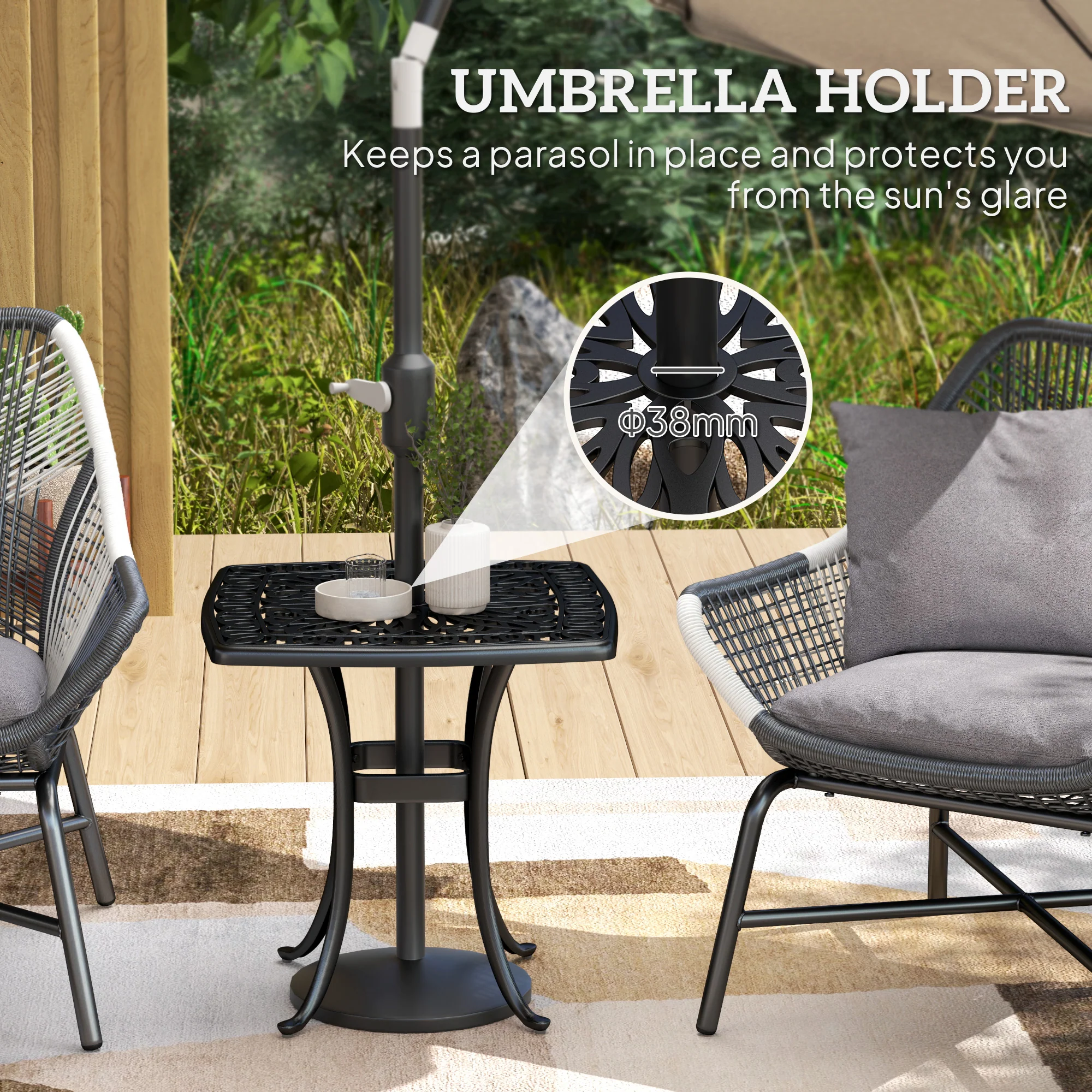 Outsunny 54 x 54cm Aluminium Outdoor Garden Side Table w/ Umbrella Hole, Black - Image 4