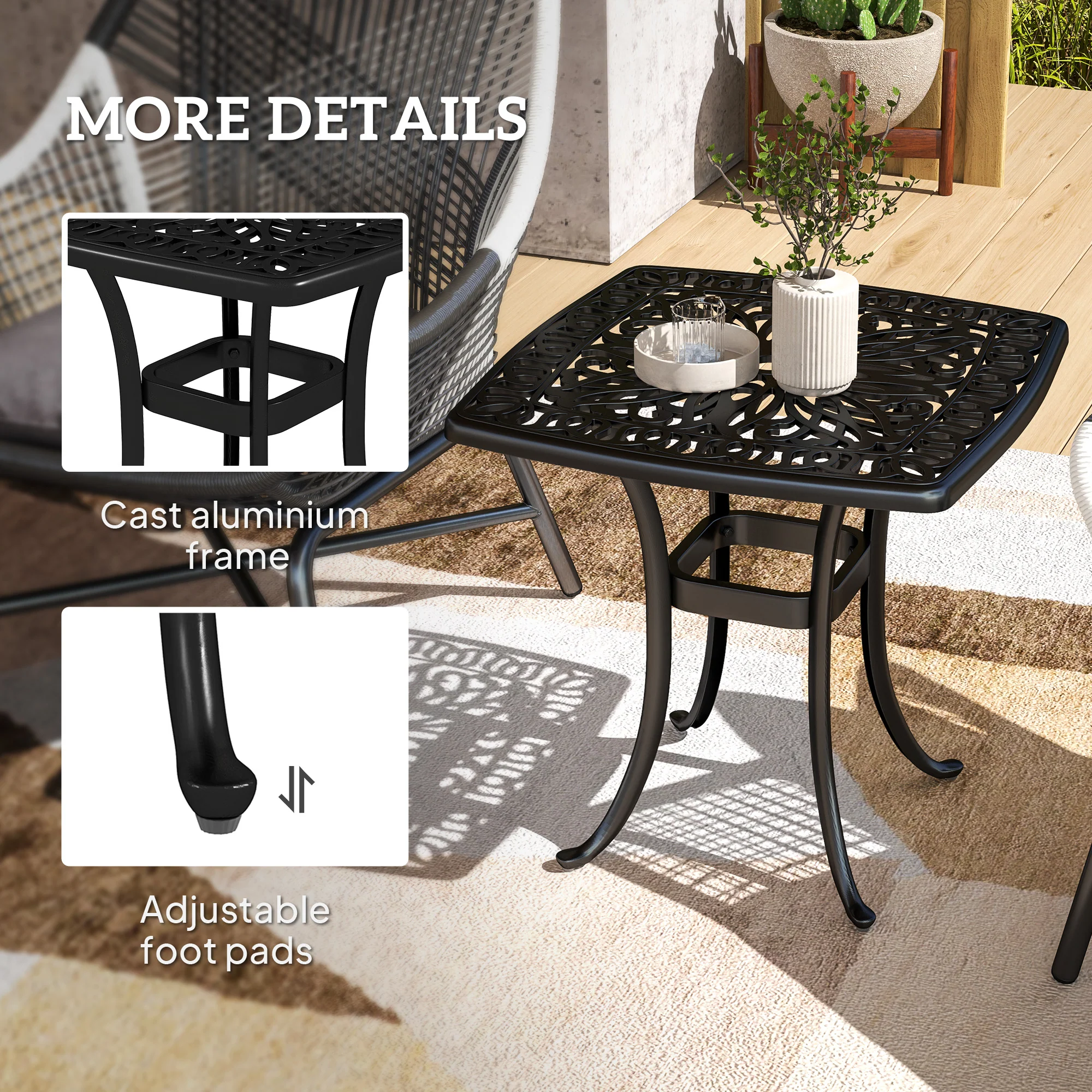 Outsunny 54 x 54cm Aluminium Outdoor Garden Side Table w/ Umbrella Hole, Black - Image 6