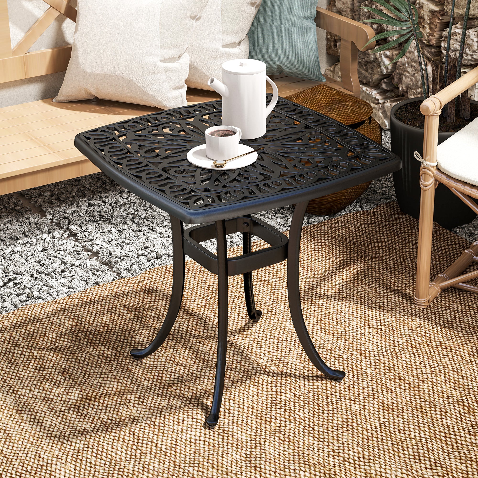 Outsunny 54 x 54cm Aluminium Outdoor Garden Side Table w/ Umbrella Hole, Black - Image 7