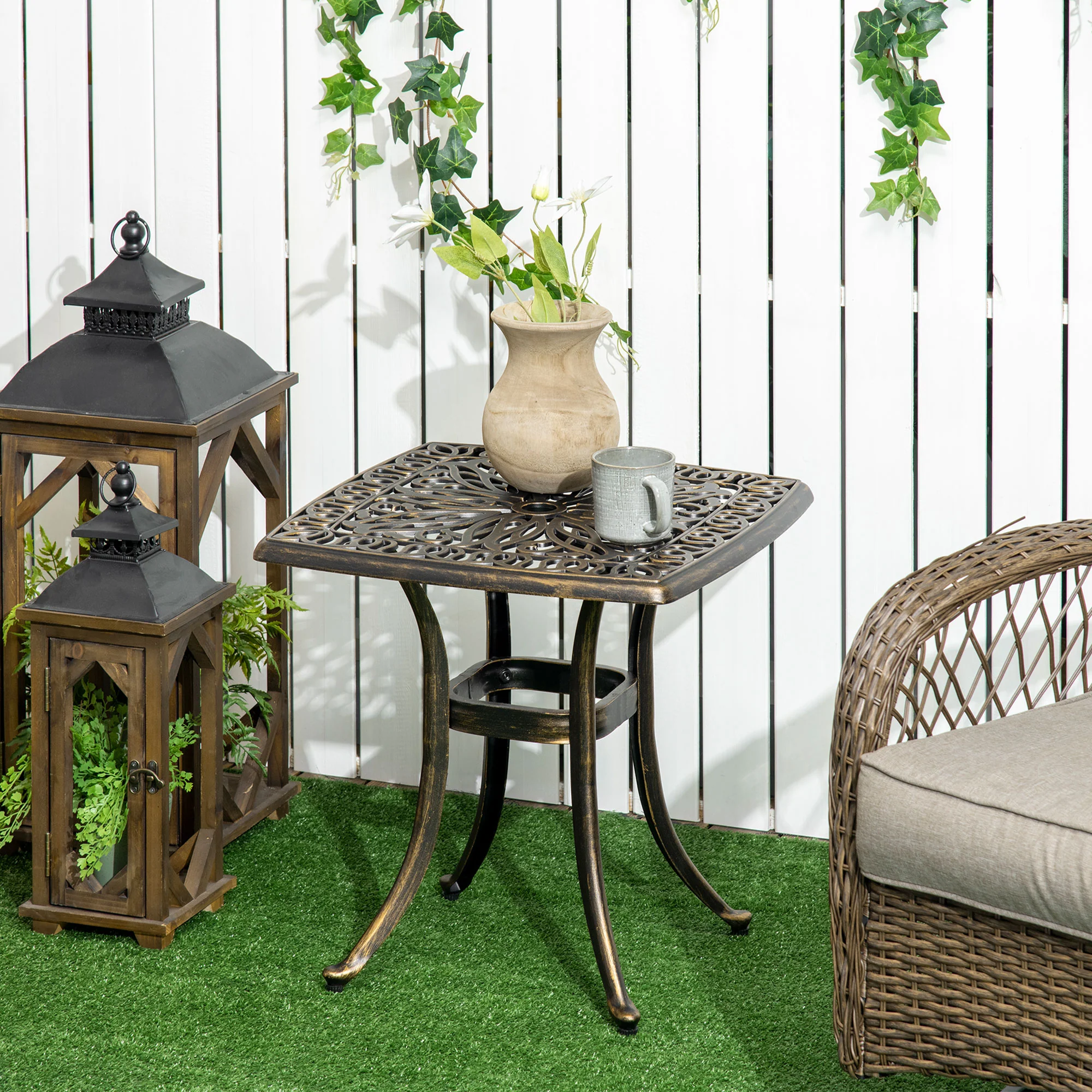 Outsunny 54 X 54cm Aluminium Outdoor Garden Side Table W/ Umbrella Hole, Bronze - Image 2