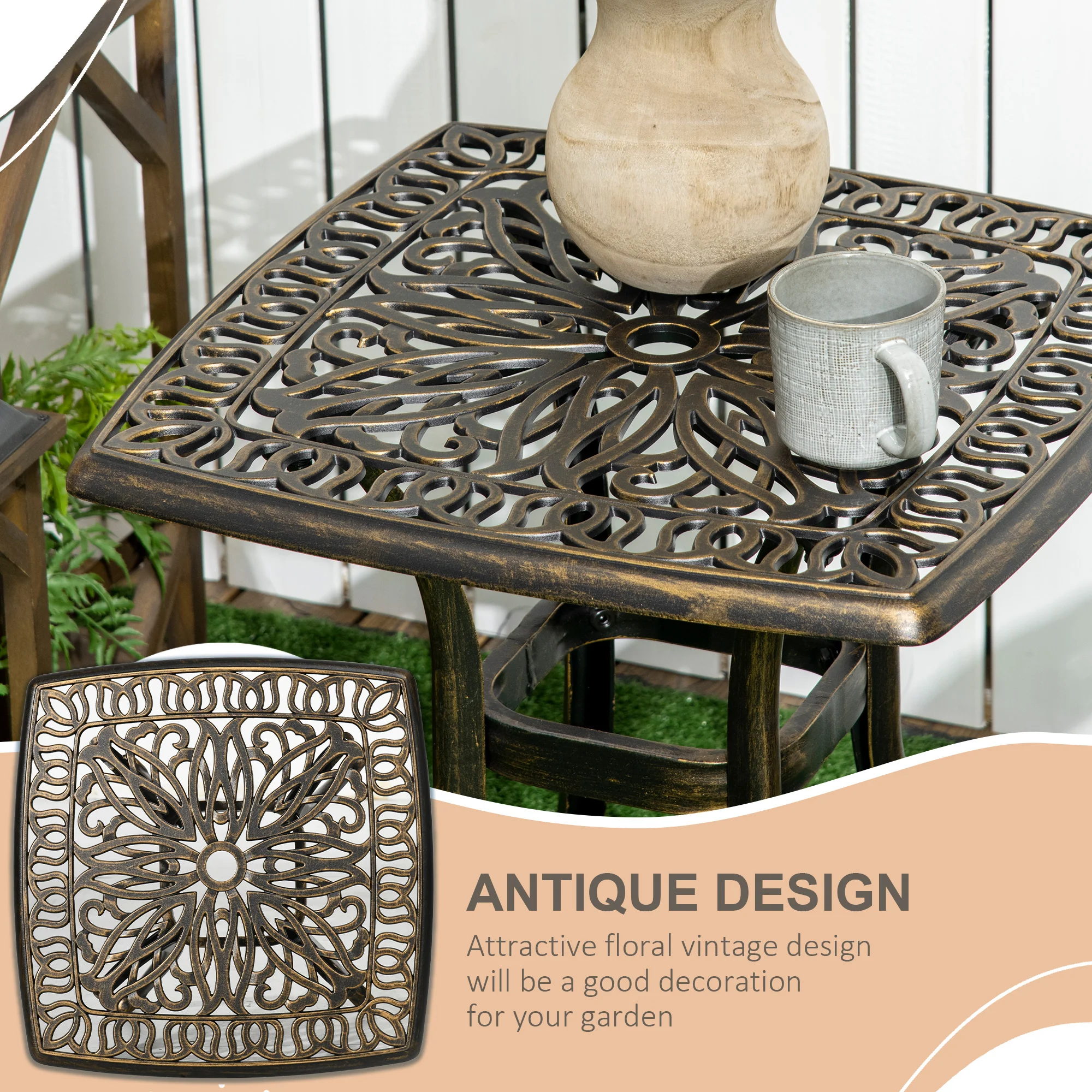 Outsunny 54 X 54cm Aluminium Outdoor Garden Side Table W/ Umbrella Hole, Bronze - Image 3