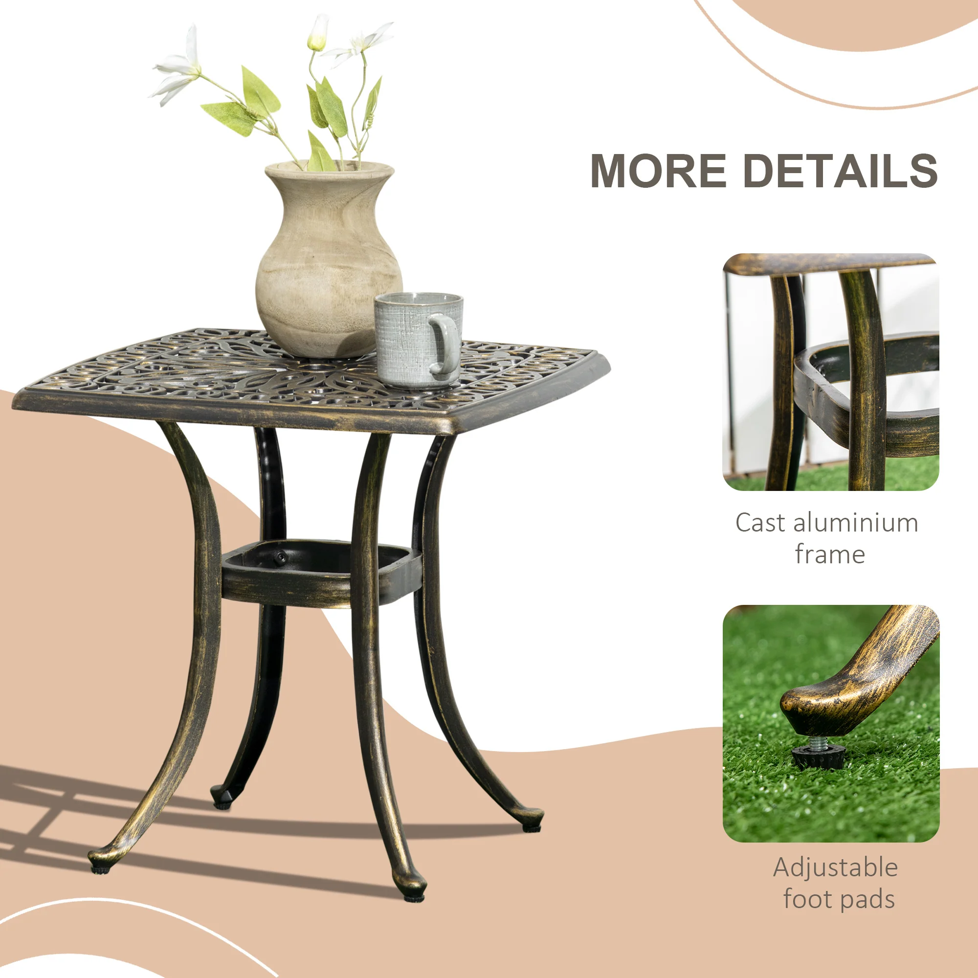 Outsunny 54 X 54cm Aluminium Outdoor Garden Side Table W/ Umbrella Hole, Bronze - Image 6