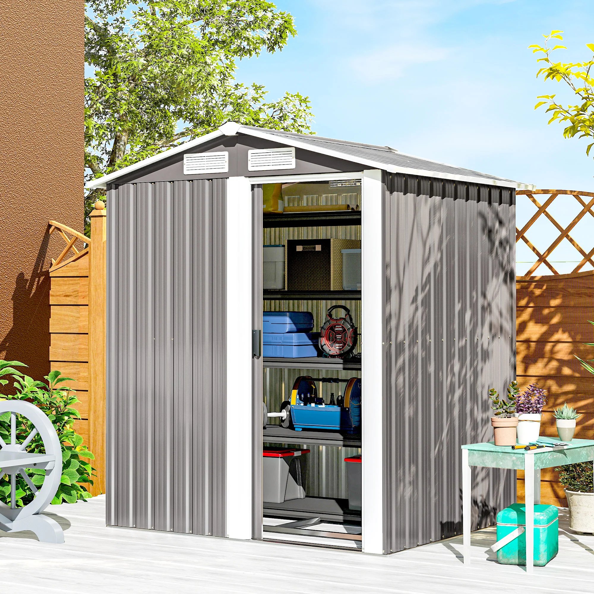 Outsunny 5ft x 4.3ft Outdoor Metal Storage Shed with Sliding Door Sloped Roof - Image 2