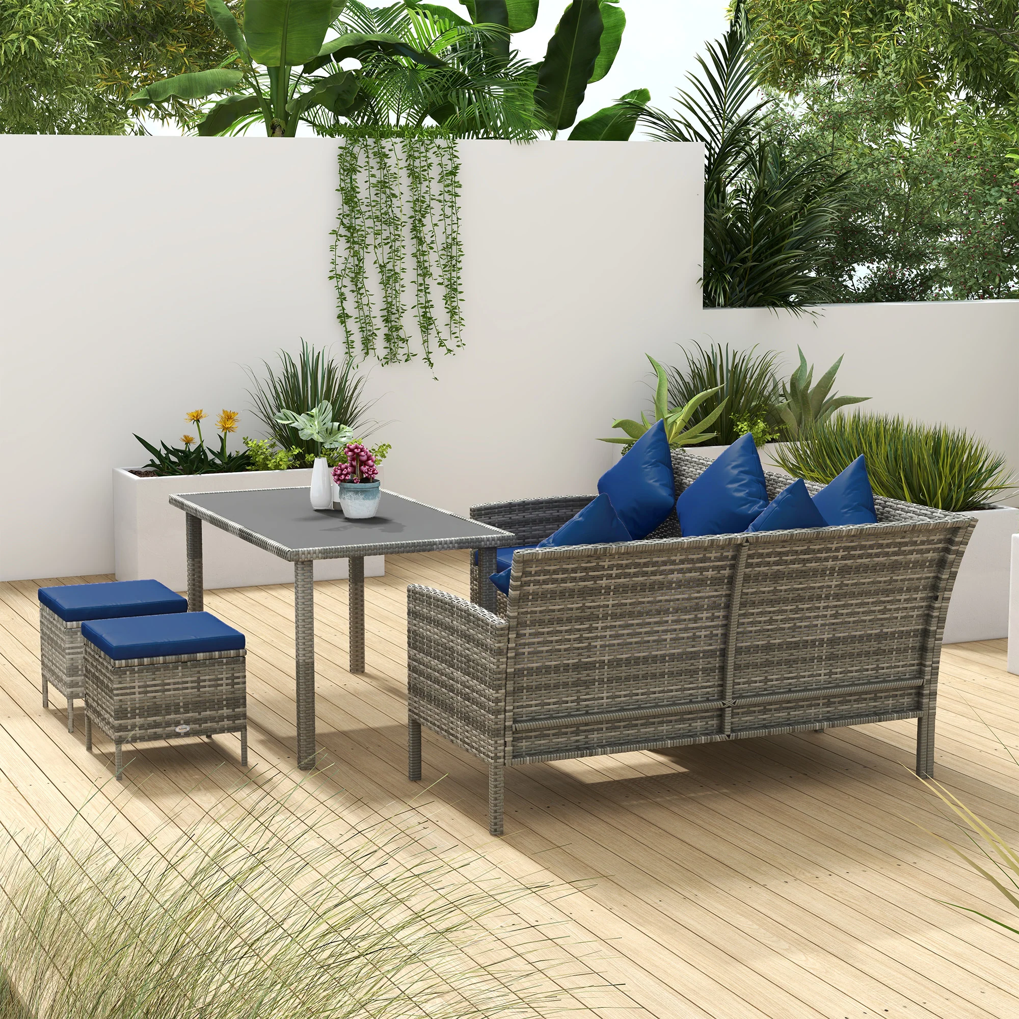 Outsunny 5Pcs Rattan Dining Corner Sofa Set, Garden Furniture Set, Dark Blue - Image 9