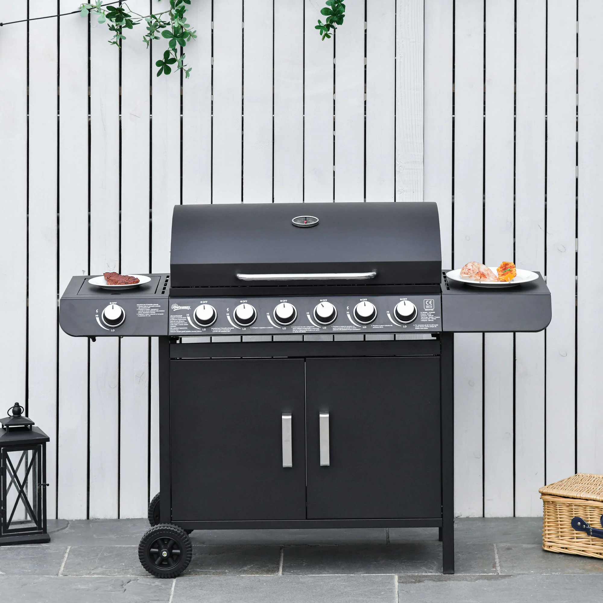 Outsunny 6+1 Burner Gas BBQ Grill Garden Barbecue With Wheels, Cabinet - Image 2