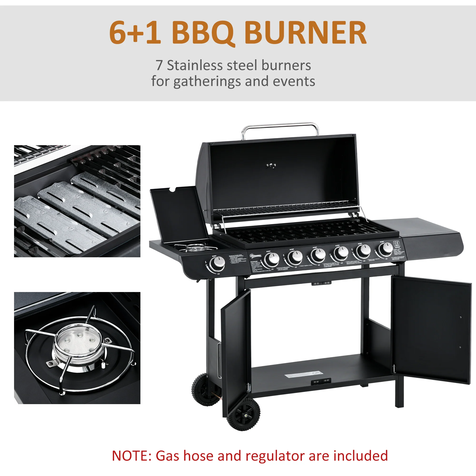Outsunny 6+1 Burner Gas BBQ Grill Garden Barbecue With Wheels, Cabinet - Image 4