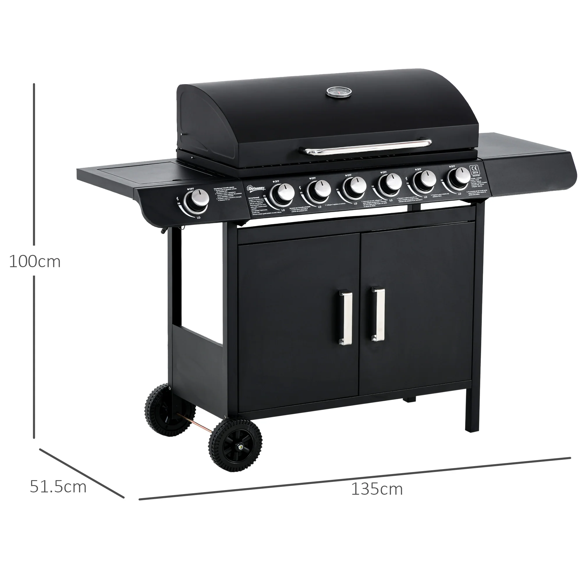 Outsunny 6+1 Burner Gas BBQ Grill Garden Barbecue With Wheels, Cabinet - Image 5