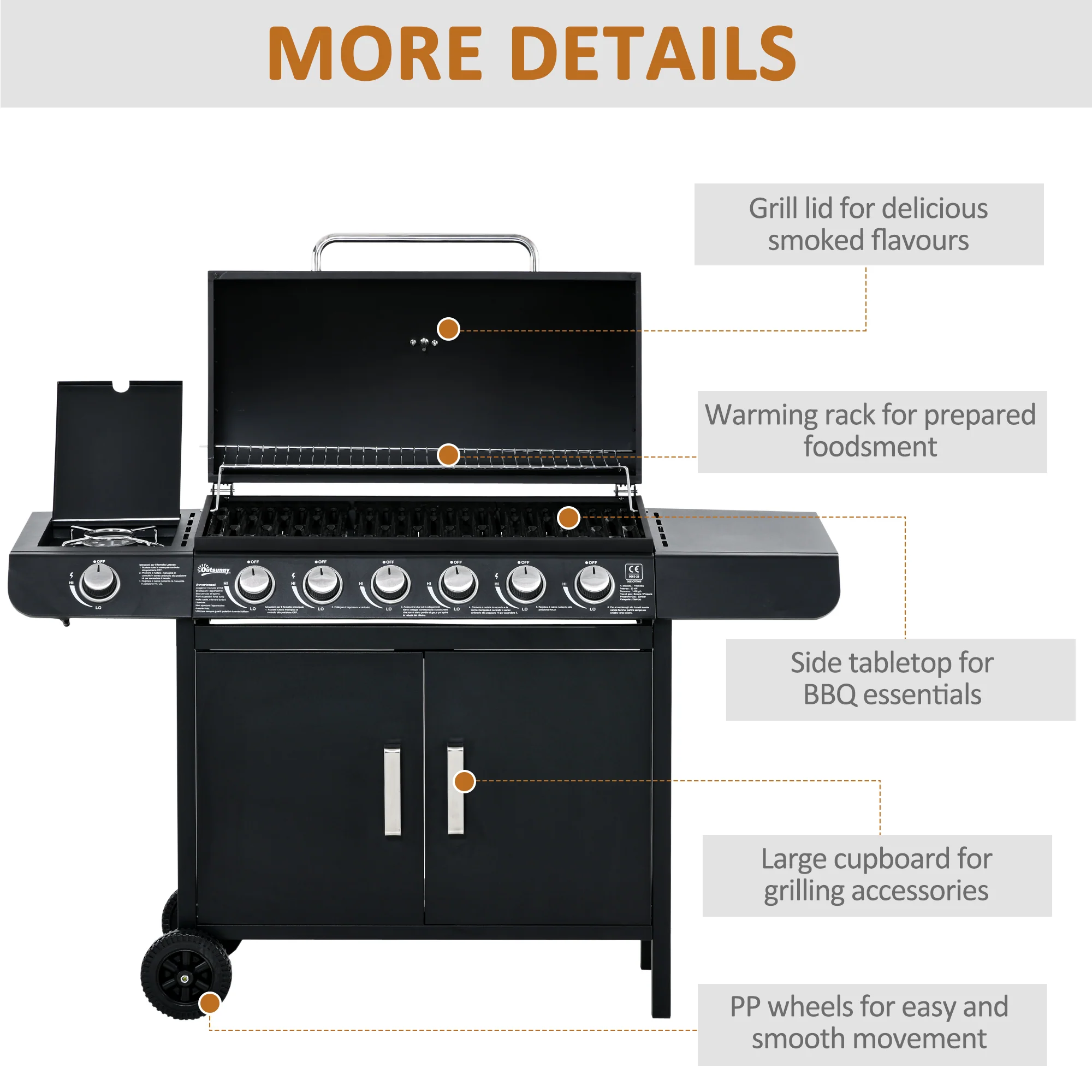 Outsunny 6+1 Burner Gas BBQ Grill Garden Barbecue With Wheels, Cabinet - Image 7