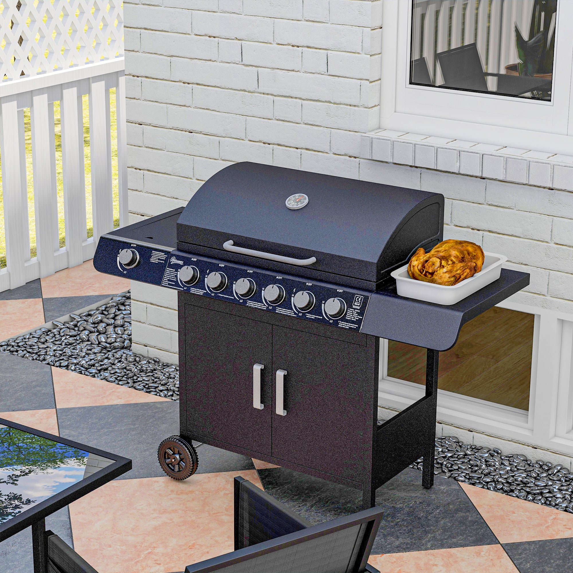 Outsunny 6+1 Burner Gas BBQ Grill Garden Barbecue With Wheels, Cabinet - Image 9