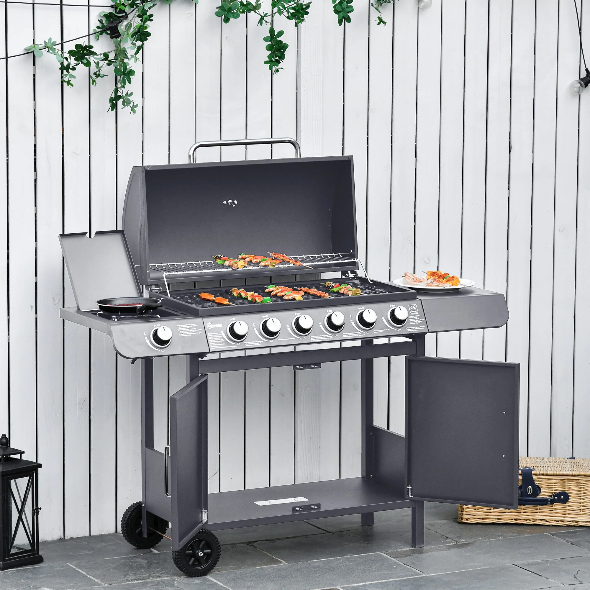 Outsunny 6+1 Burner Gas BBQ Grill Garden Barbecue with Wheels, Cabinet Grey - Image 2