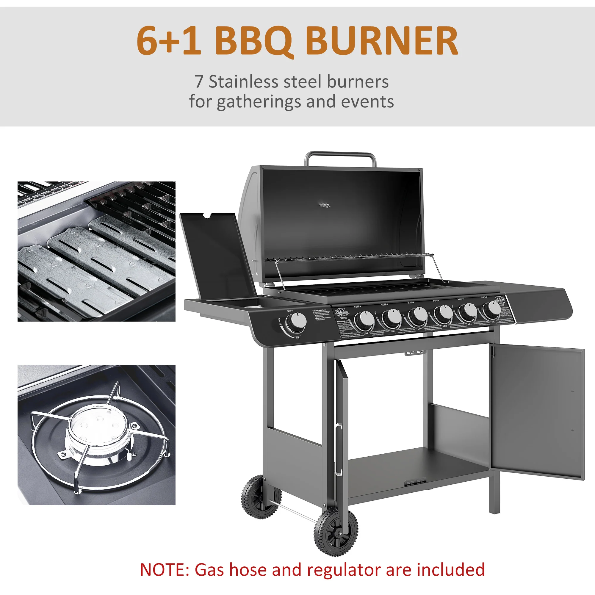 Outsunny 6+1 Burner Gas BBQ Grill Garden Barbecue with Wheels, Cabinet Grey - Image 4
