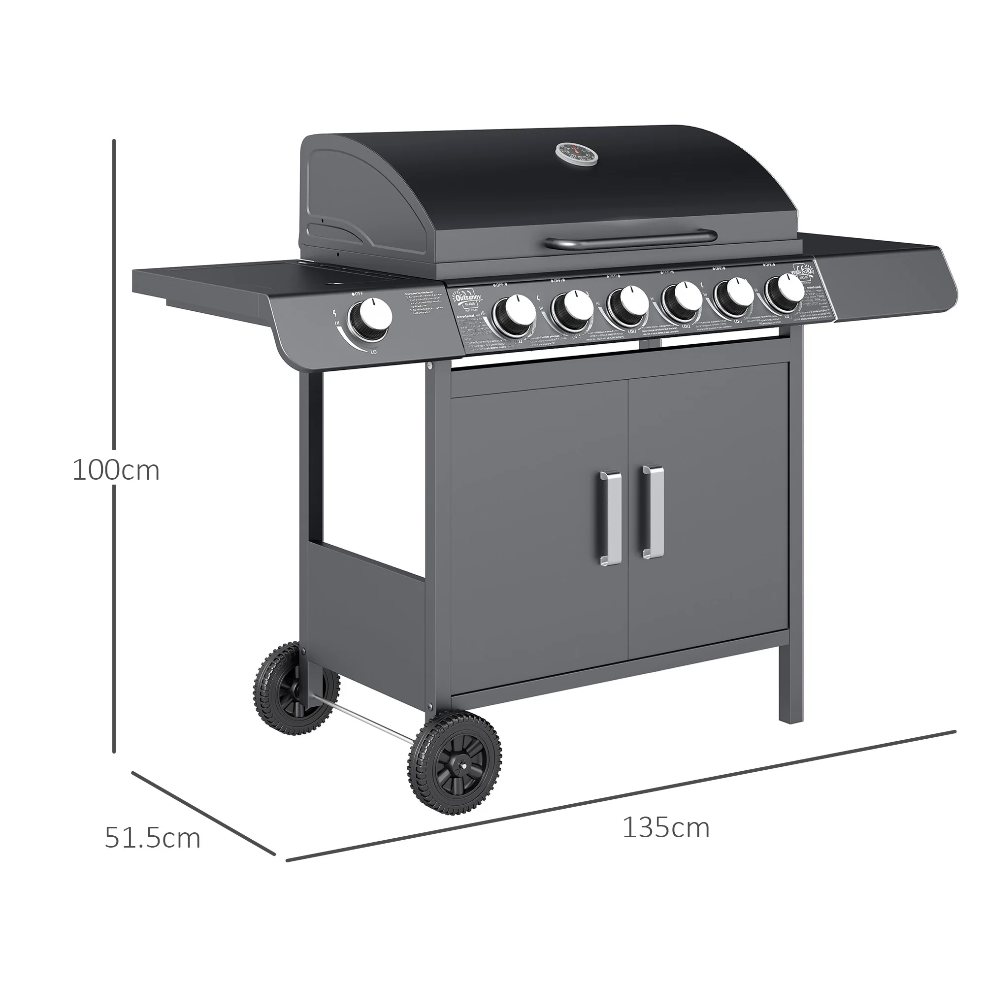 Outsunny 6+1 Burner Gas BBQ Grill Garden Barbecue with Wheels, Cabinet Grey - Image 5