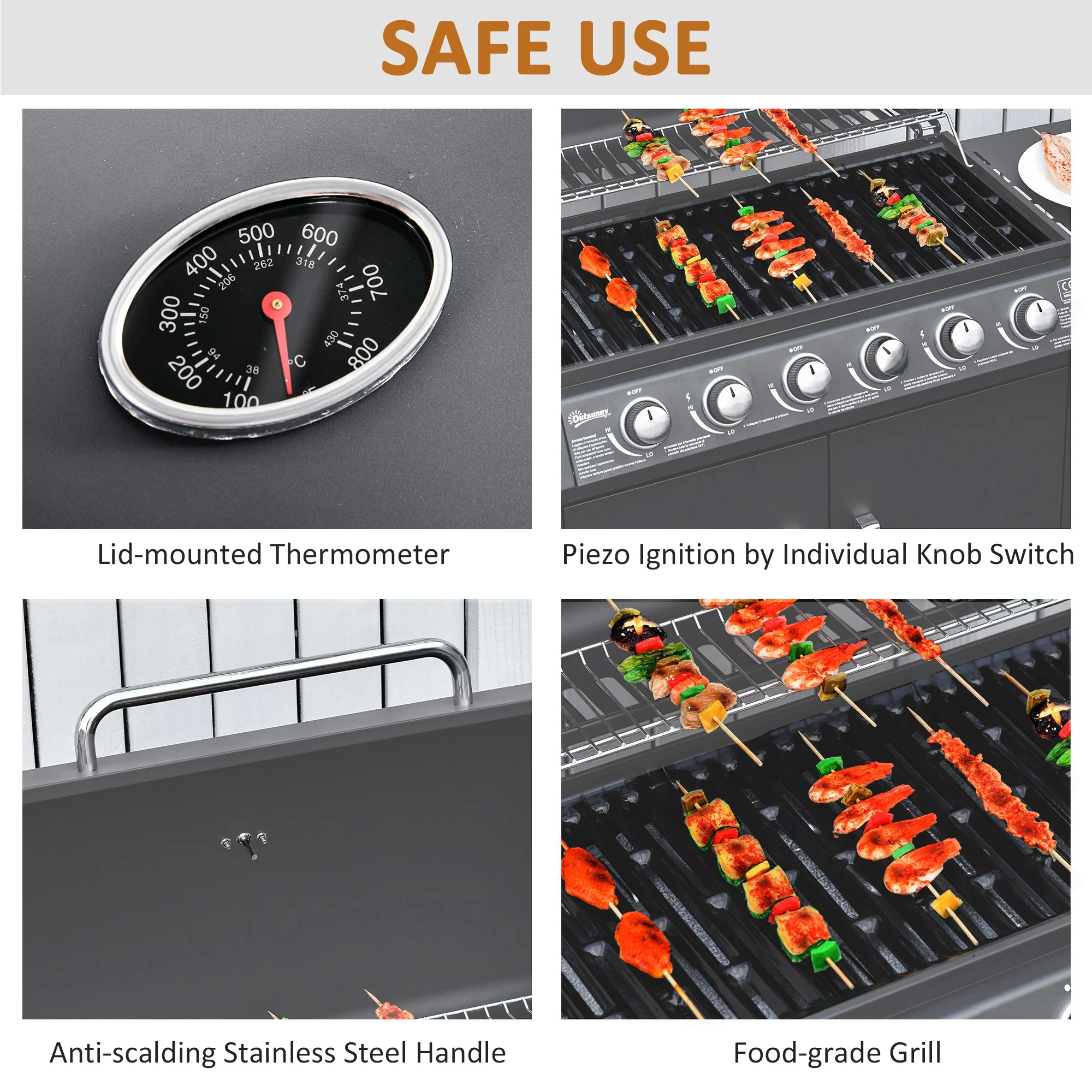 Outsunny 6+1 Burner Gas BBQ Grill Garden Barbecue with Wheels, Cabinet Grey - Image 6