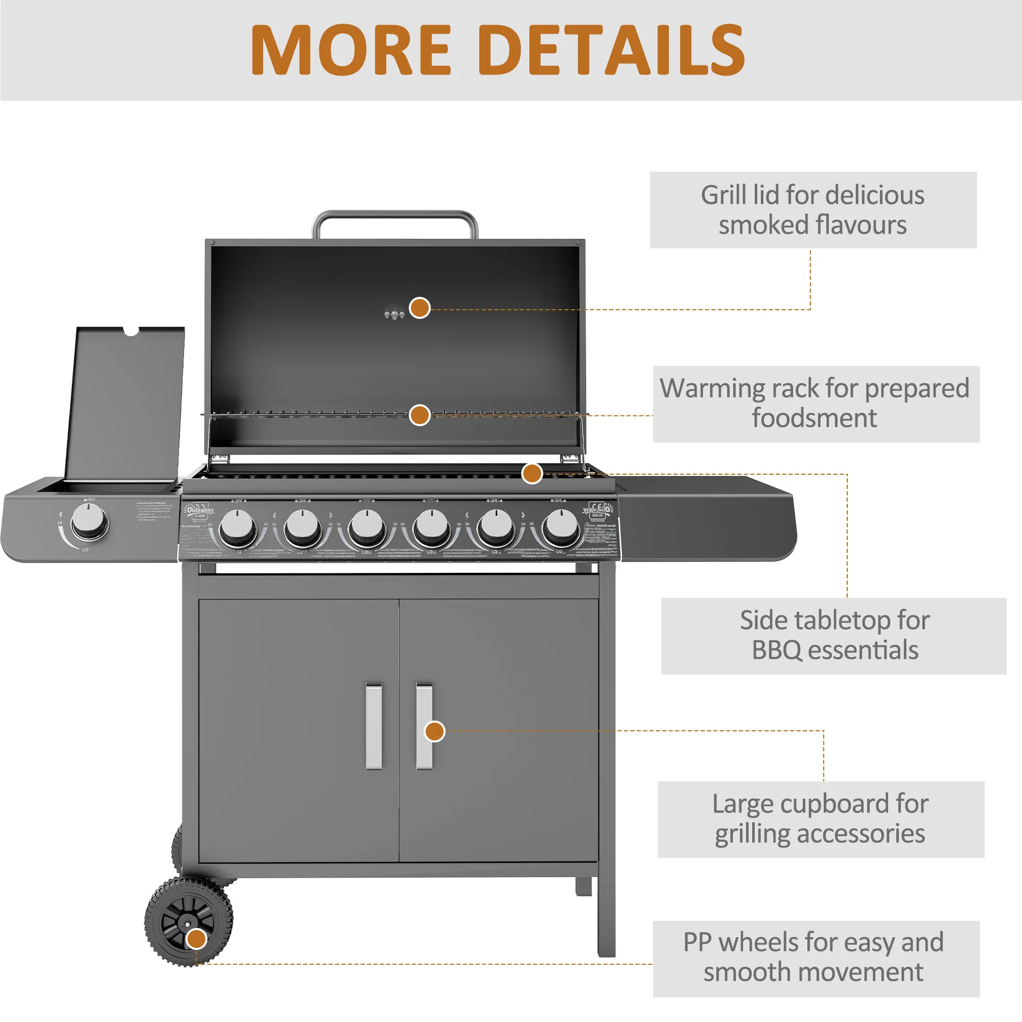Outsunny 6+1 Burner Gas BBQ Grill Garden Barbecue with Wheels, Cabinet Grey - Image 7