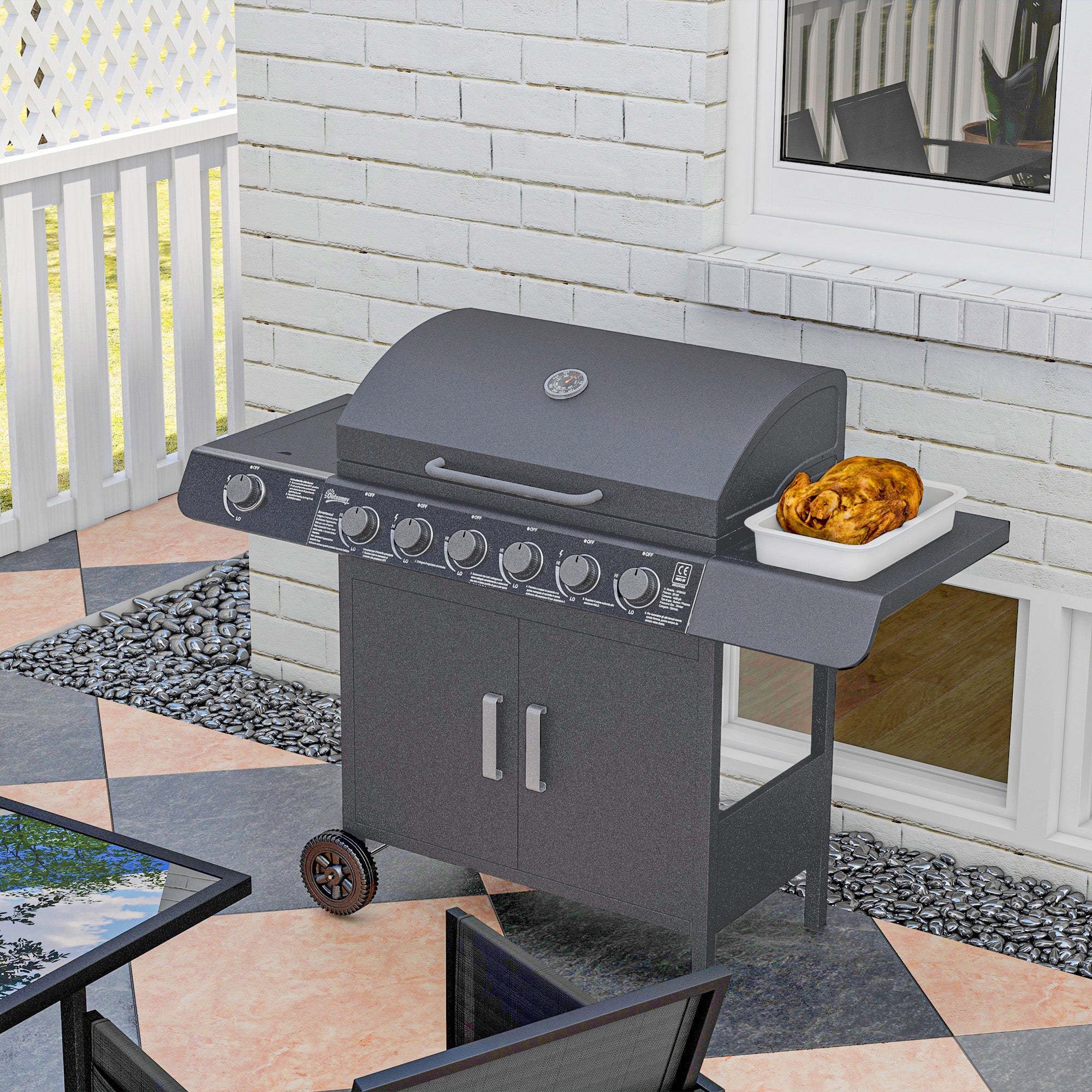 Outsunny 6+1 Burner Gas BBQ Grill Garden Barbecue with Wheels, Cabinet Grey - Image 9