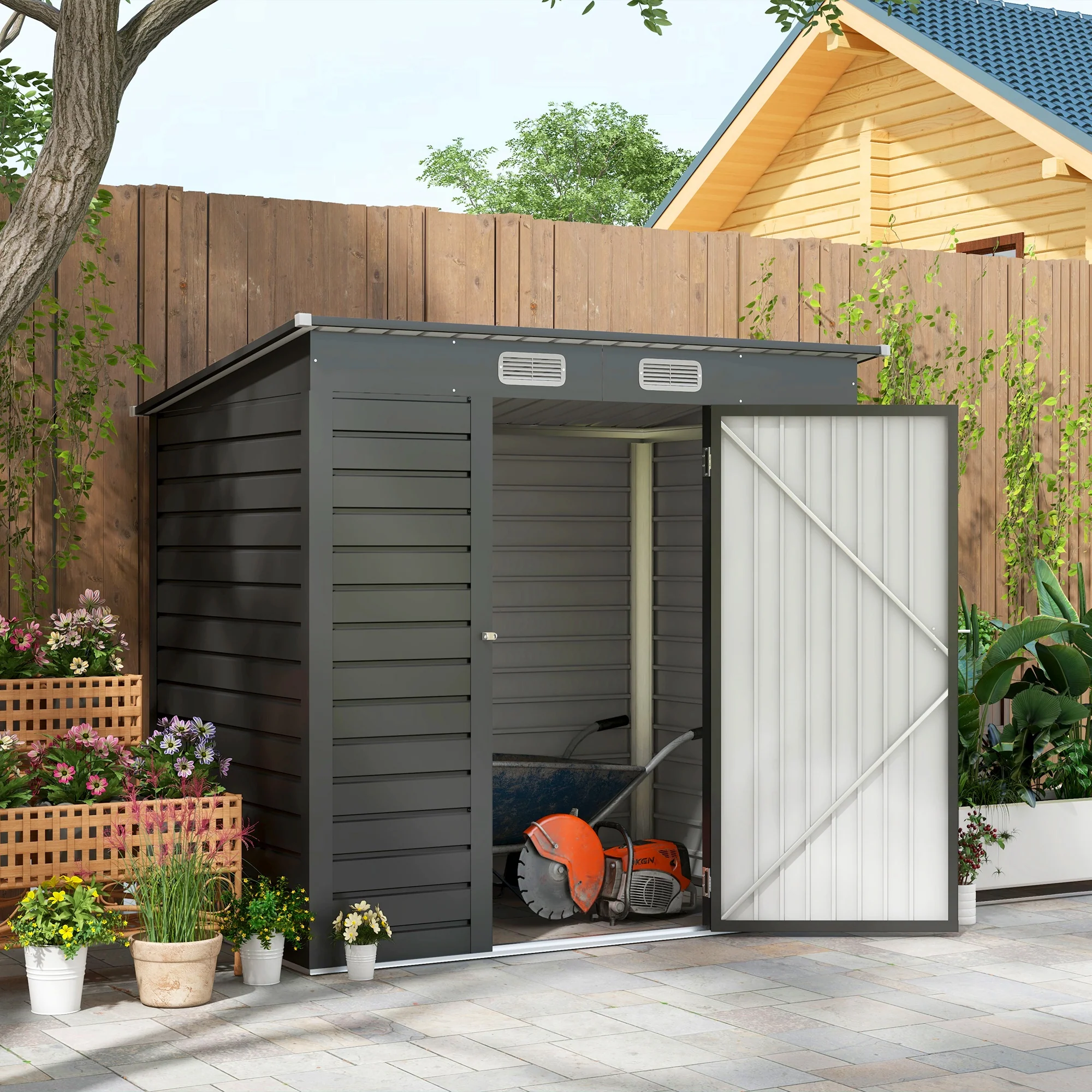 Outsunny 6.3 x 4.3FT Galvanised  Metal Garden Shed with Lockable Door, Grey - Image 2