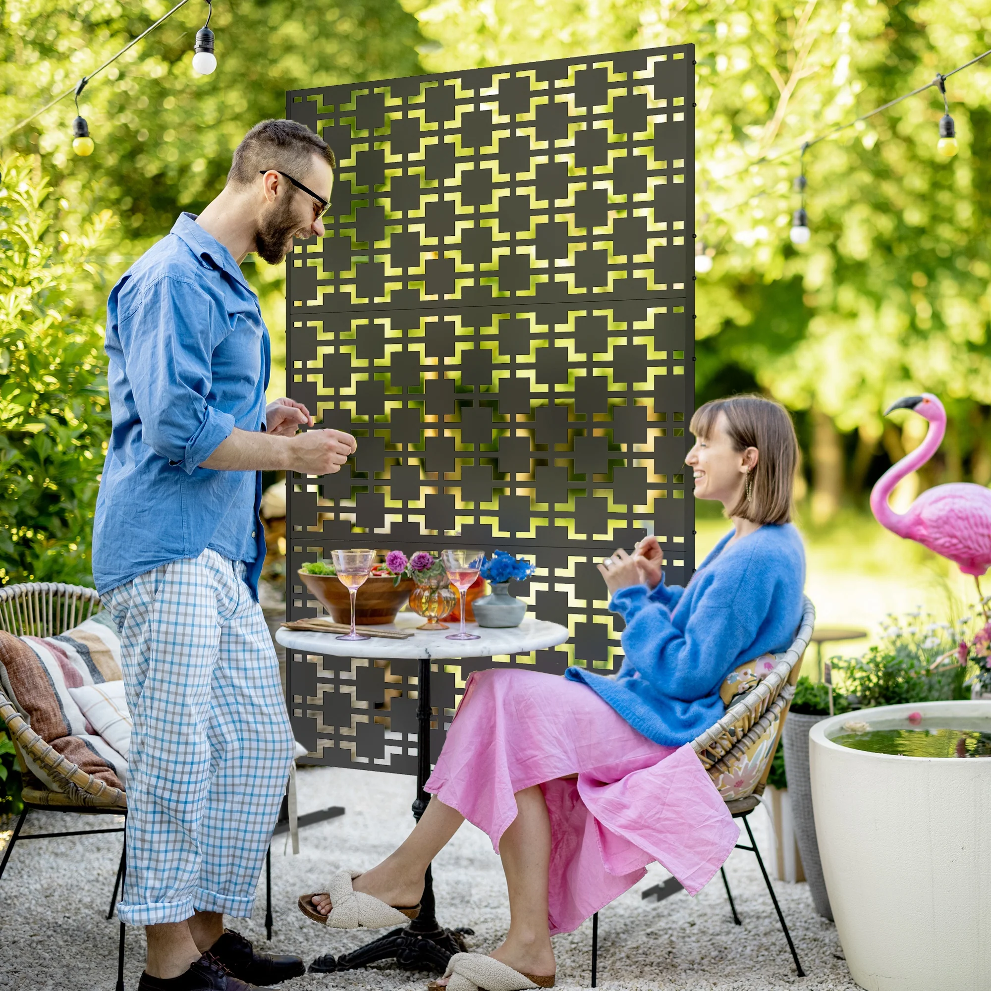 Outsunny 6.5FT Metal Outdoor Privacy Screen Panel w/ Stand, Grid Style - Image 2