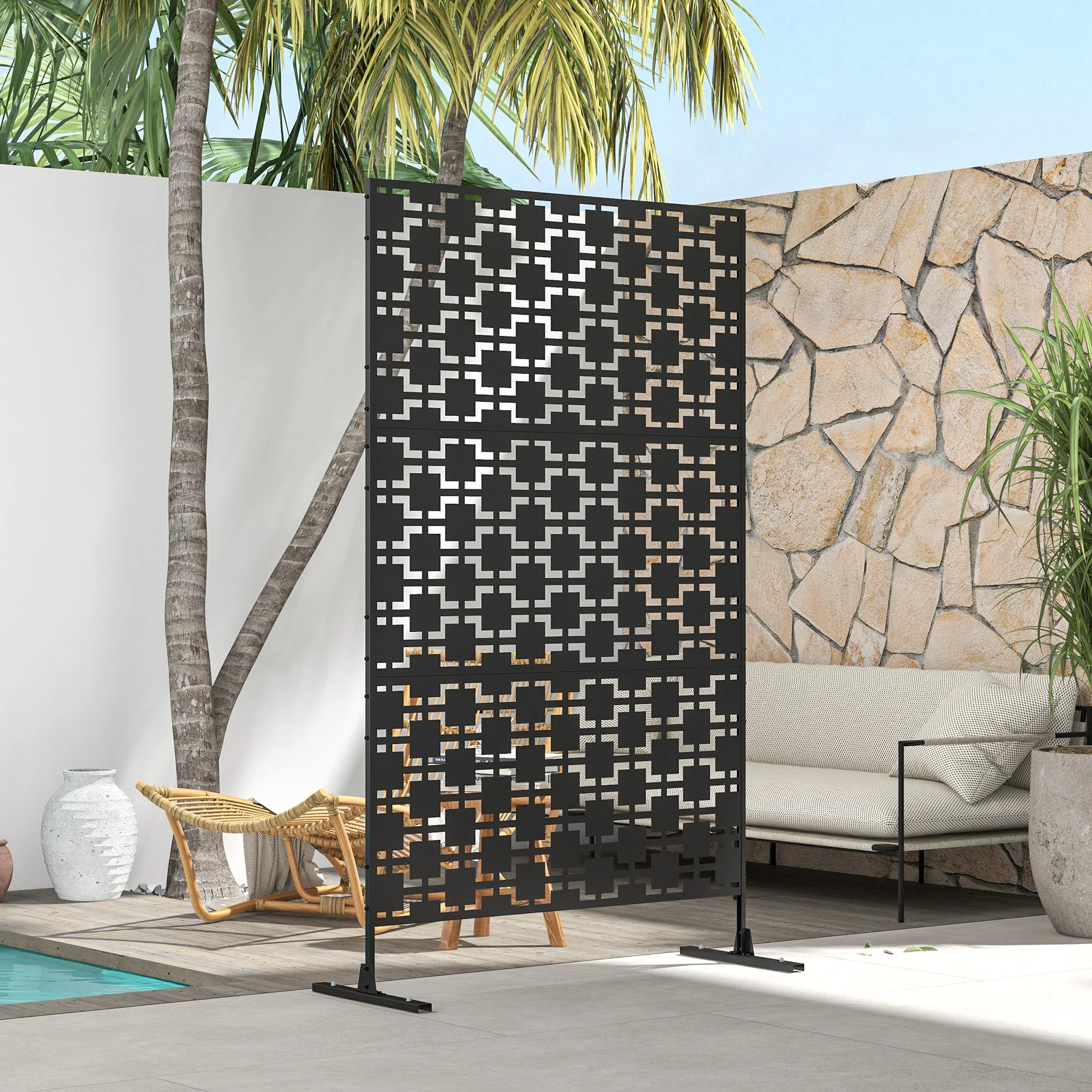 Outsunny 6.5FT Metal Outdoor Privacy Screen Panel w/ Stand, Grid Style - Image 7