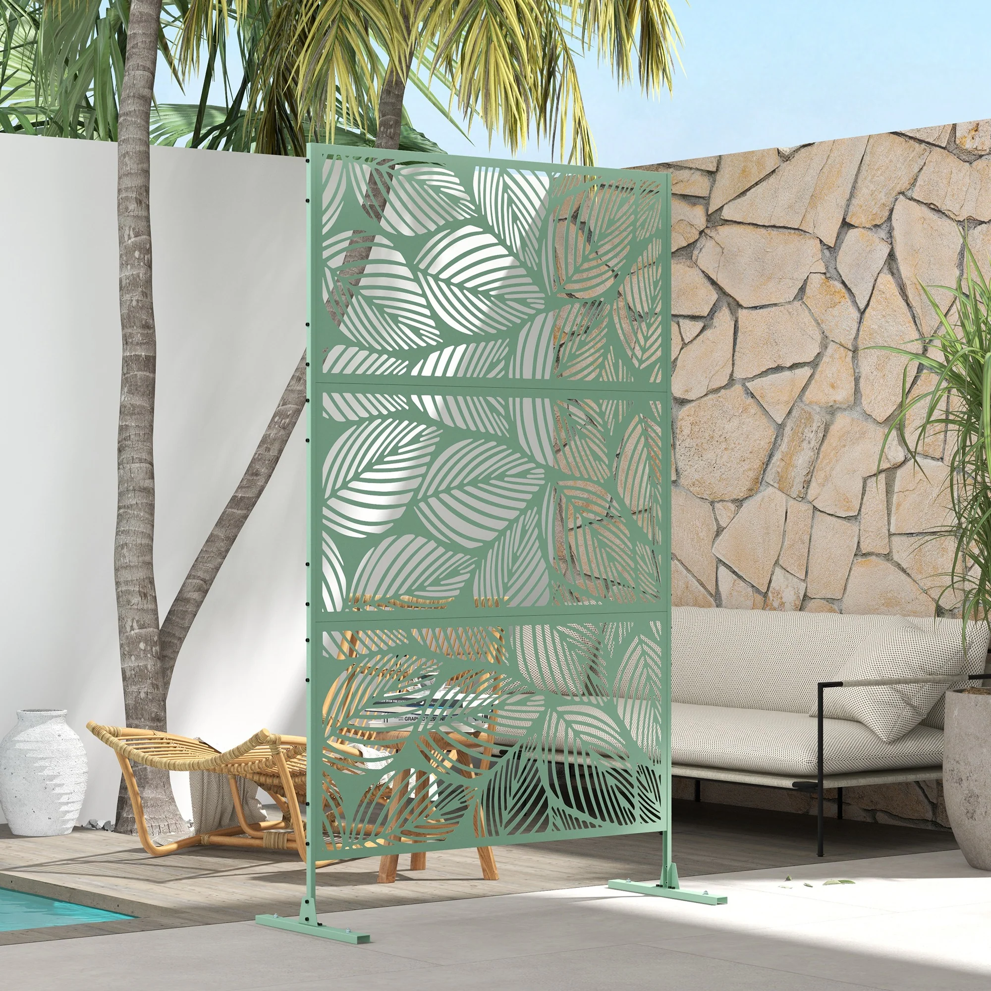 Outsunny 6.5FT Metal Outdoor Privacy Screen Panel w/ Stand, Leaf Style - Image 7
