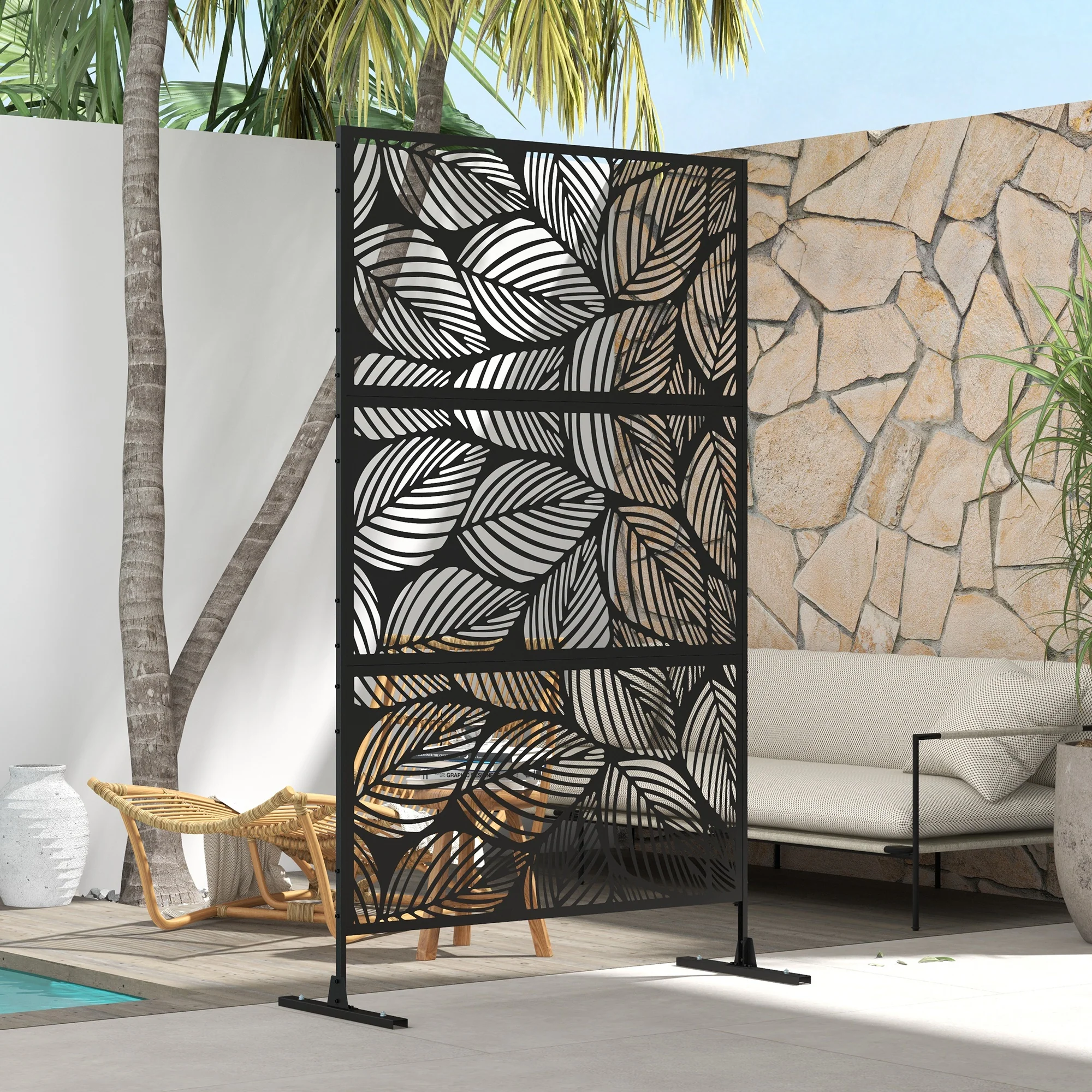 Outsunny 6.5FT Metal Outdoor Privacy Screen Panel w/ Stand, Leaf Style - Image 7