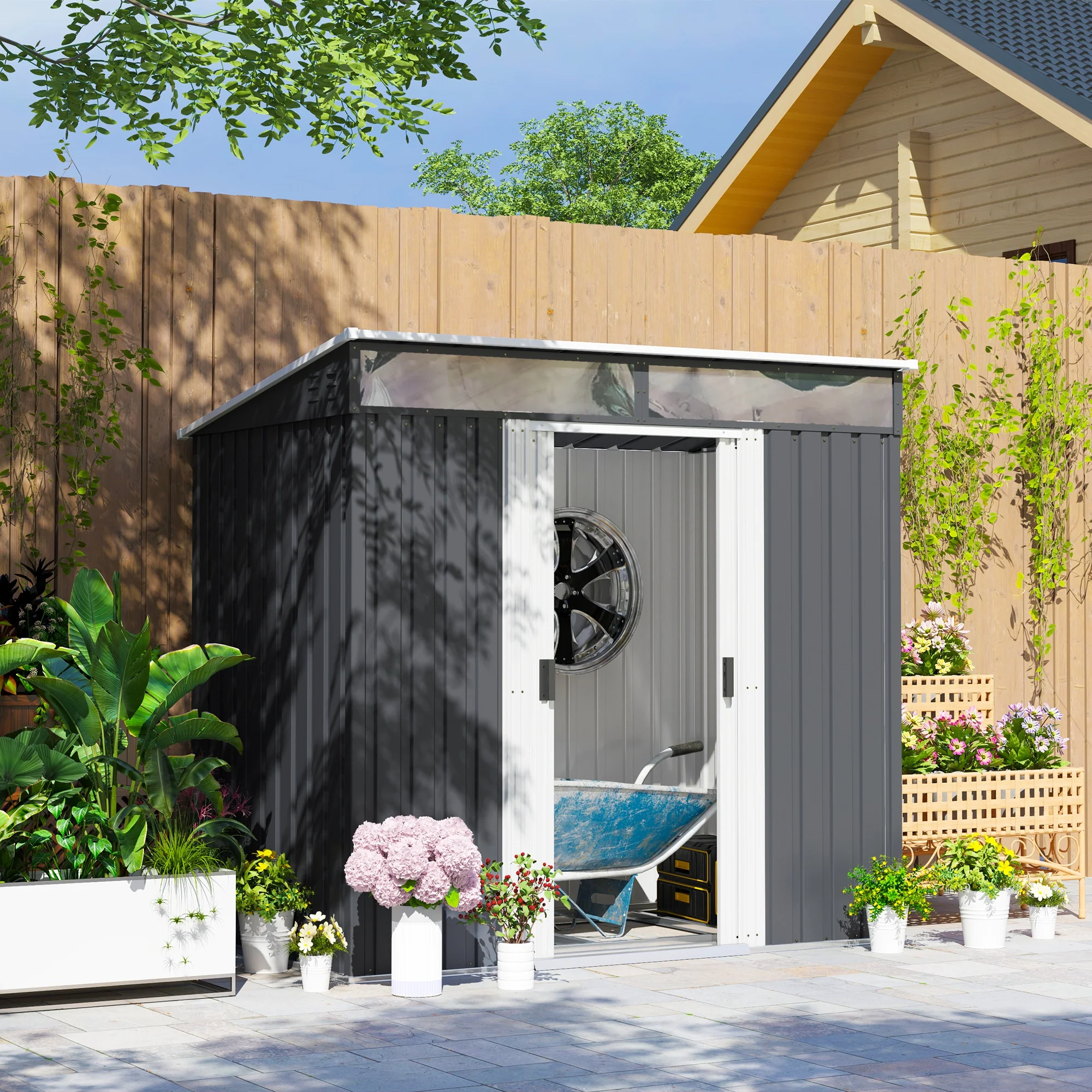 Outsunny 6.5x4FT Garden Shed Lockable Metal Tool Shed Green - Image 11