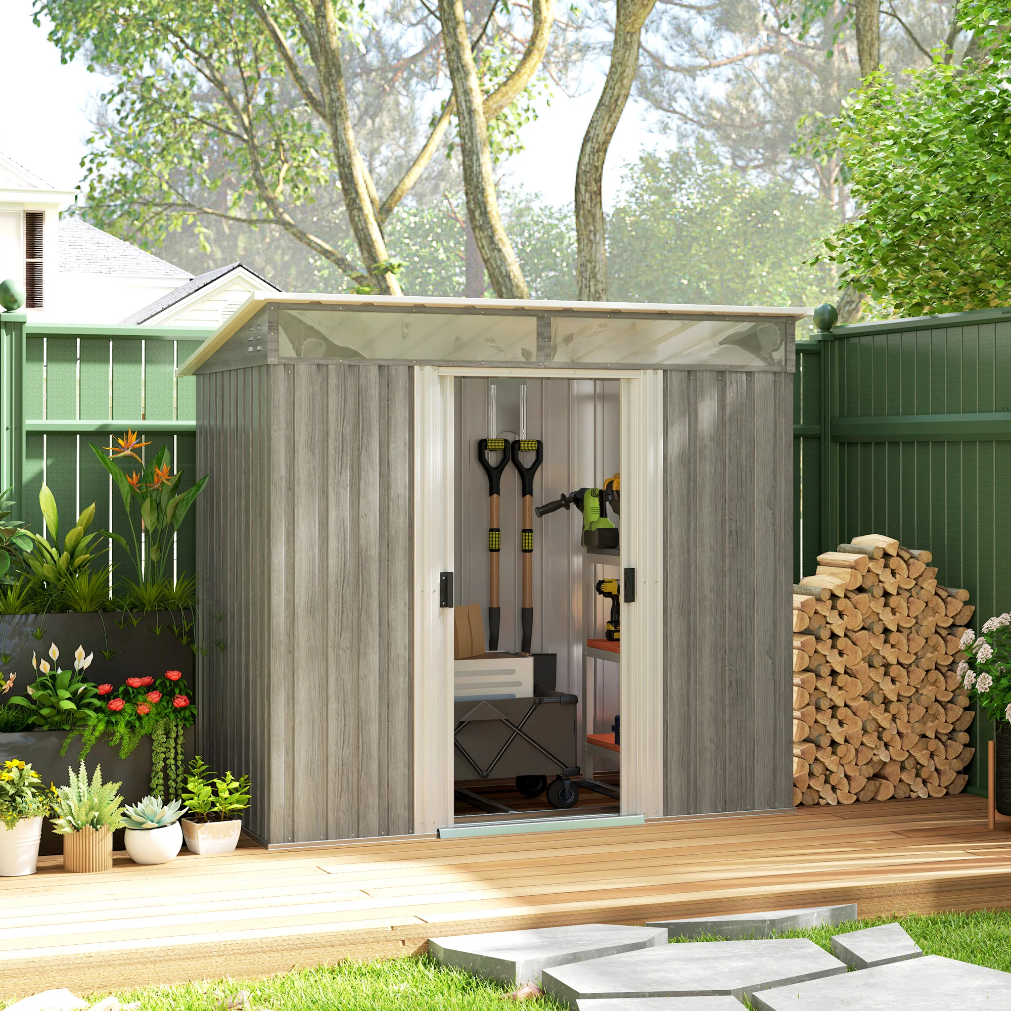 Outsunny 6.5x4FT Garden Shed Lockable Metal Tool Shed Light Grey Wood Effect - Image 2