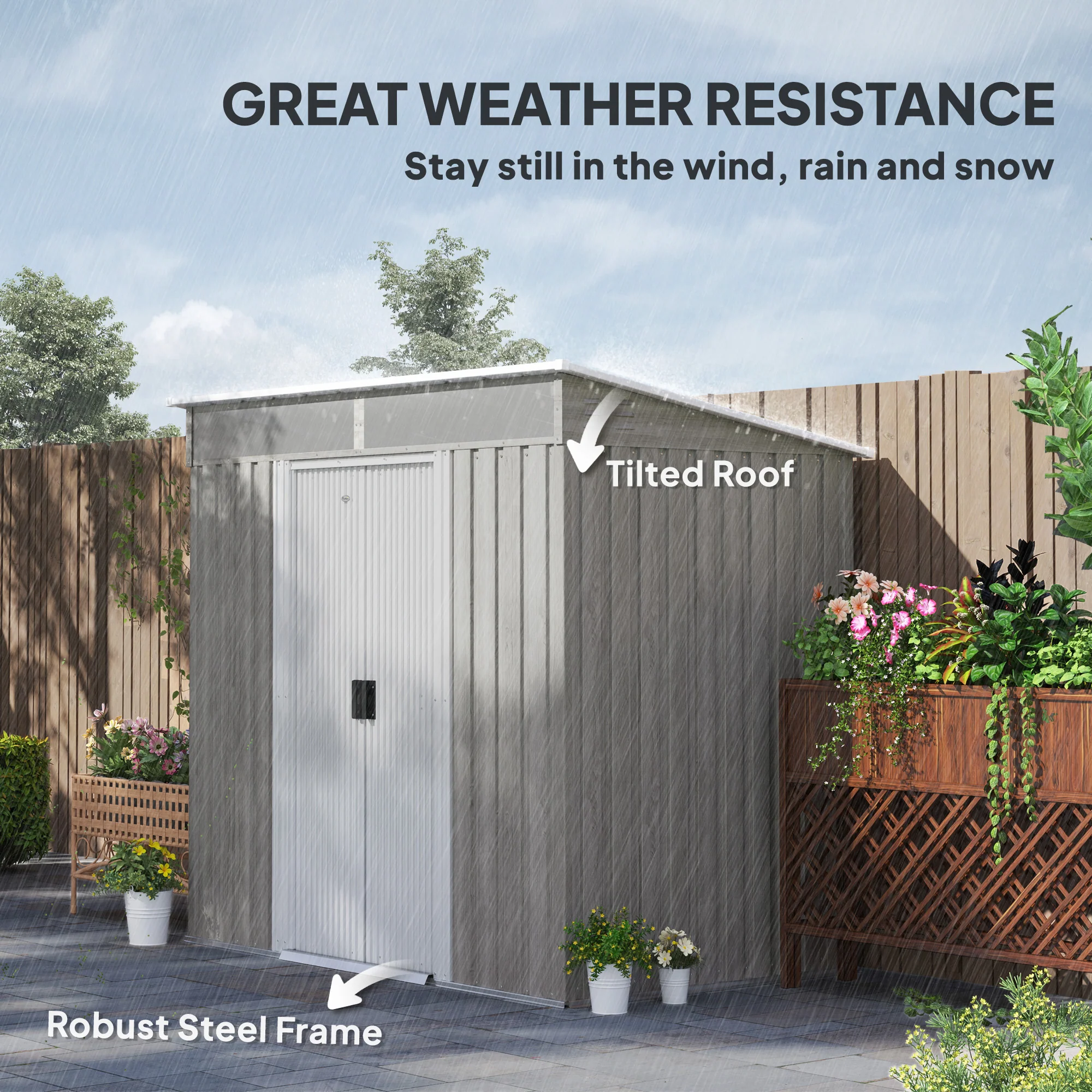 Outsunny 6.5x4FT Garden Shed Lockable Metal Tool Shed Light Grey Wood Effect - Image 6