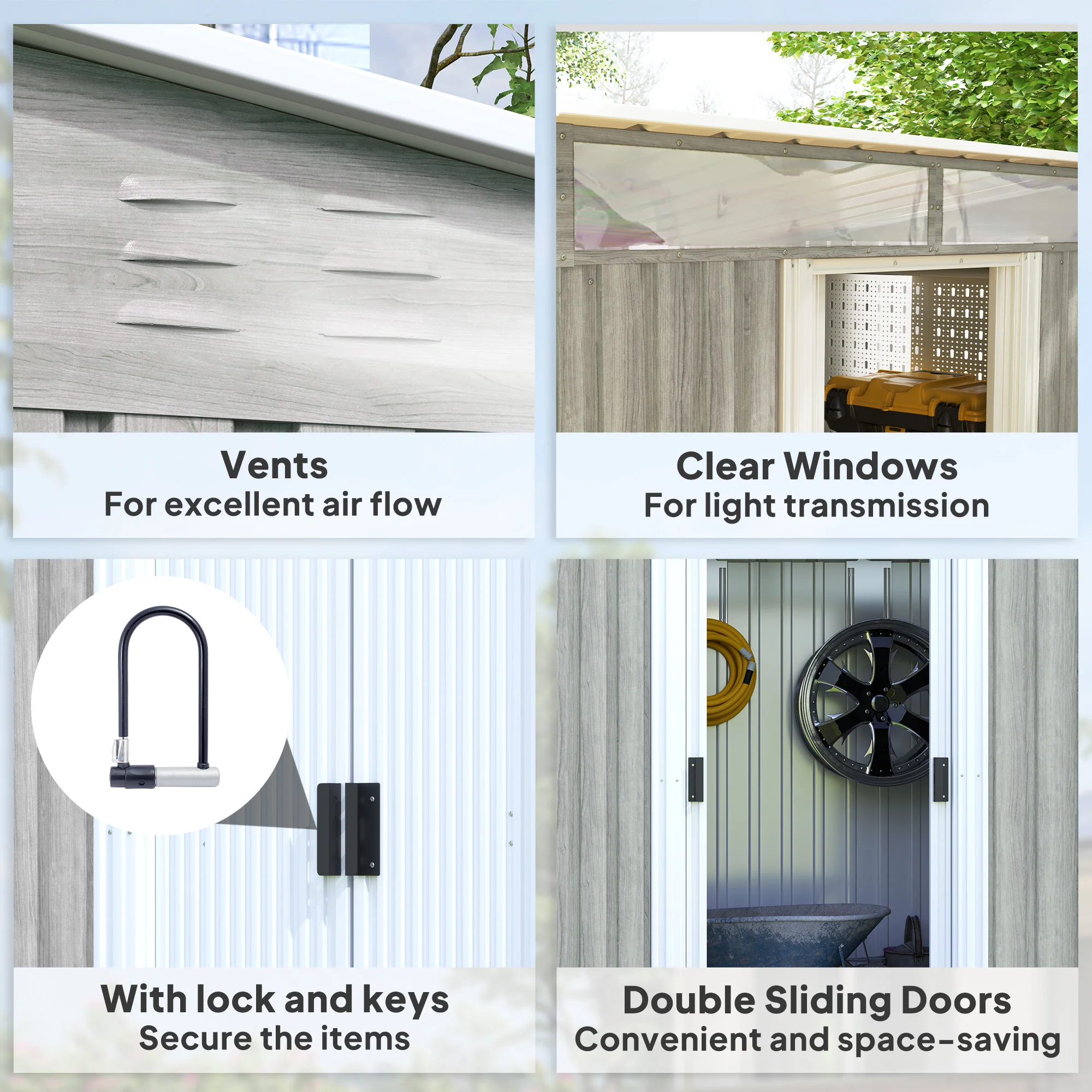 Outsunny 6.5x4FT Garden Shed Lockable Metal Tool Shed Light Grey Wood Effect - Image 7