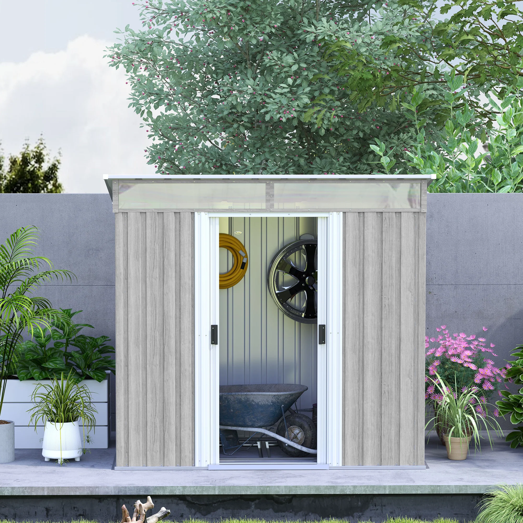 Outsunny 6.5x4FT Garden Shed Lockable Metal Tool Shed Light Grey Wood Effect - Image 9