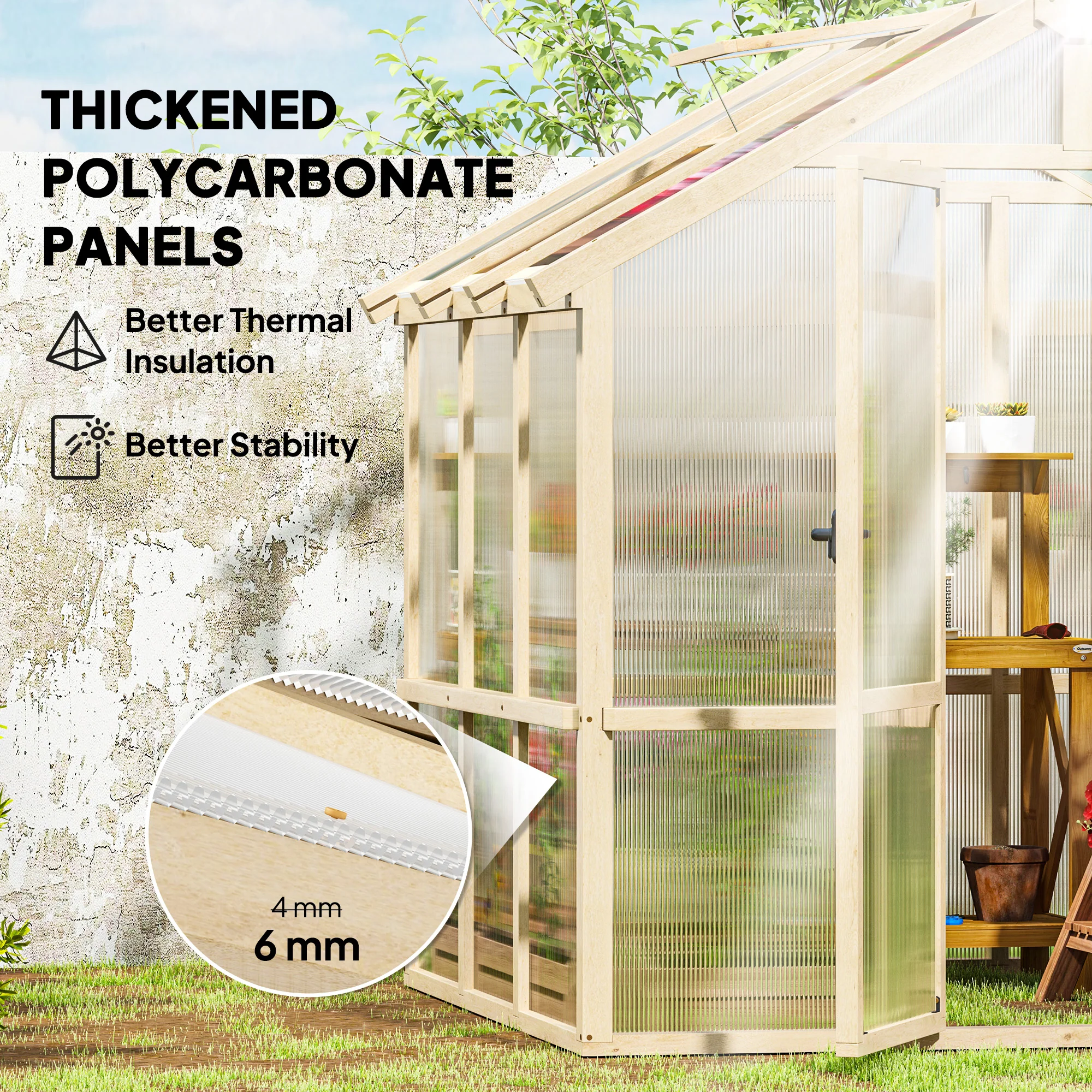 Outsunny 6.6 x 6ft Wooden Polycarbonate Greenhouse with Lockable Door, Brown - Image 3