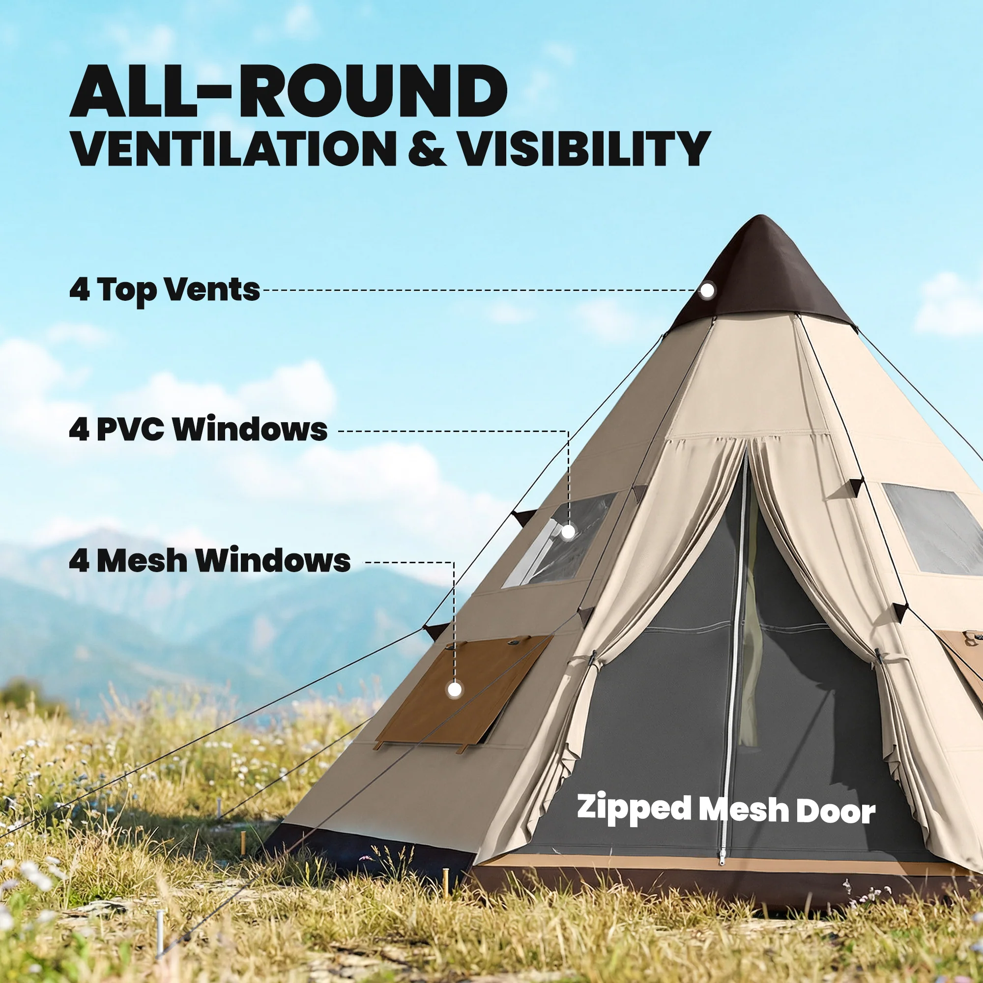 Outsunny 6-7 Person Large Family Party Camping Tent W/ Carrying Bag, Khaki - Image 4