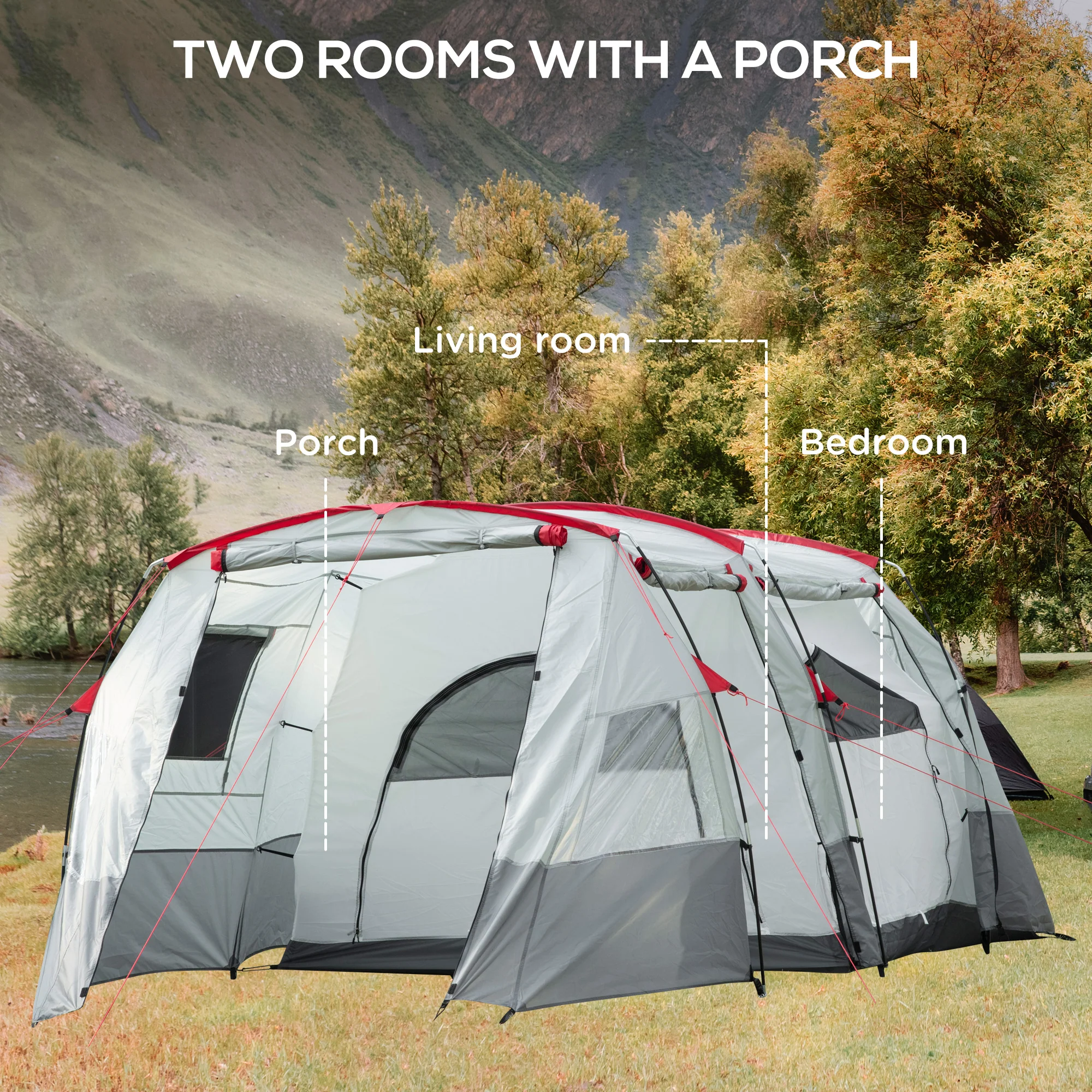 Outsunny 6-8 Person Tunnel Tent, Two-room Camping Tent with Carry Bag, Grey - Image 3