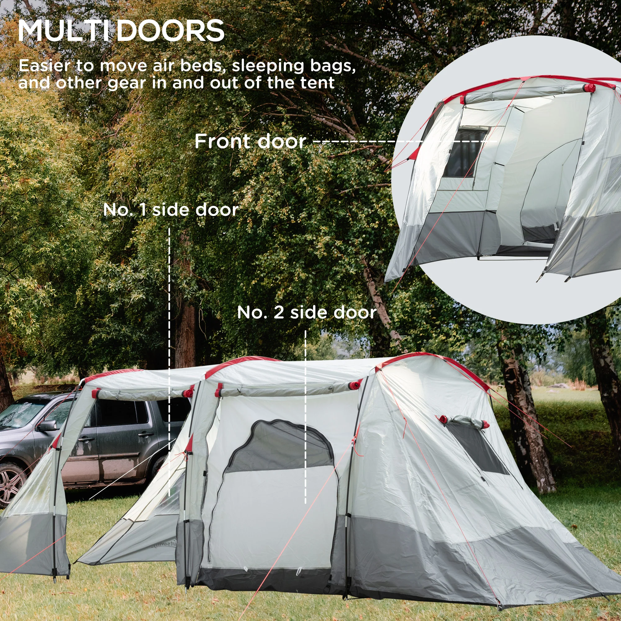 Outsunny 6-8 Person Tunnel Tent, Two-room Camping Tent with Carry Bag, Grey - Image 4