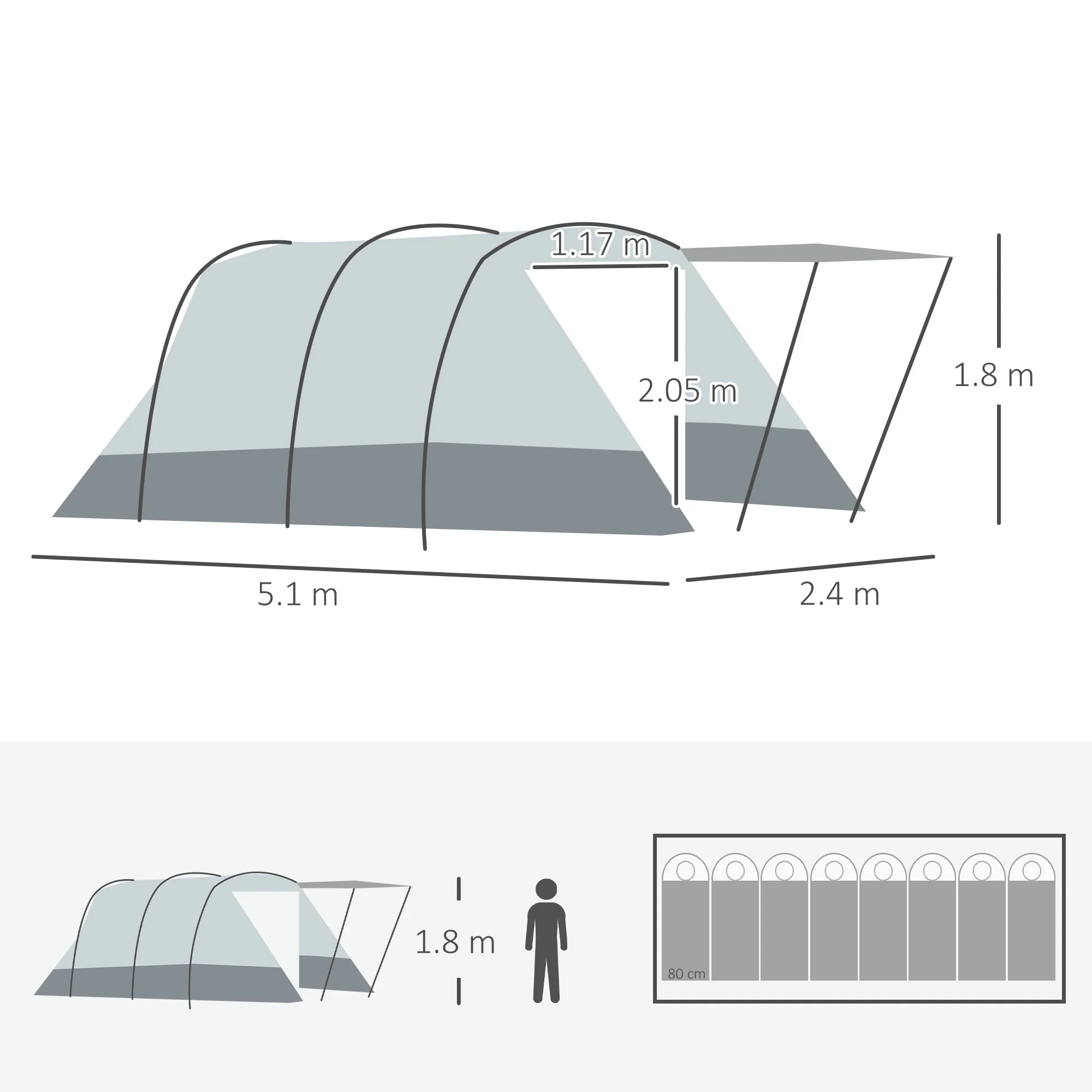 Outsunny 6-8 Person Tunnel Tent, Two-room Camping Tent with Carry Bag, Grey - Image 5