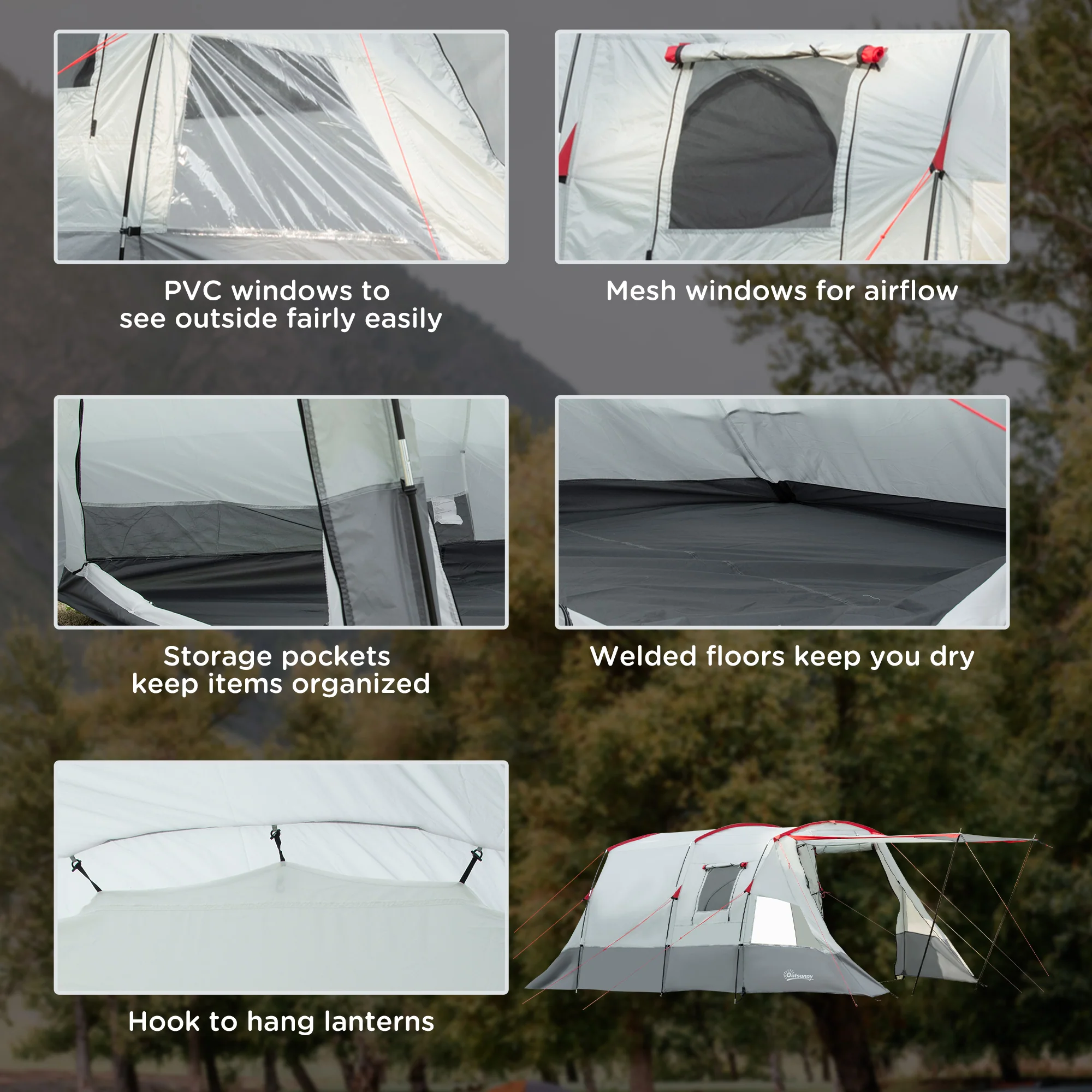 Outsunny 6-8 Person Tunnel Tent, Two-room Camping Tent with Carry Bag, Grey - Image 6