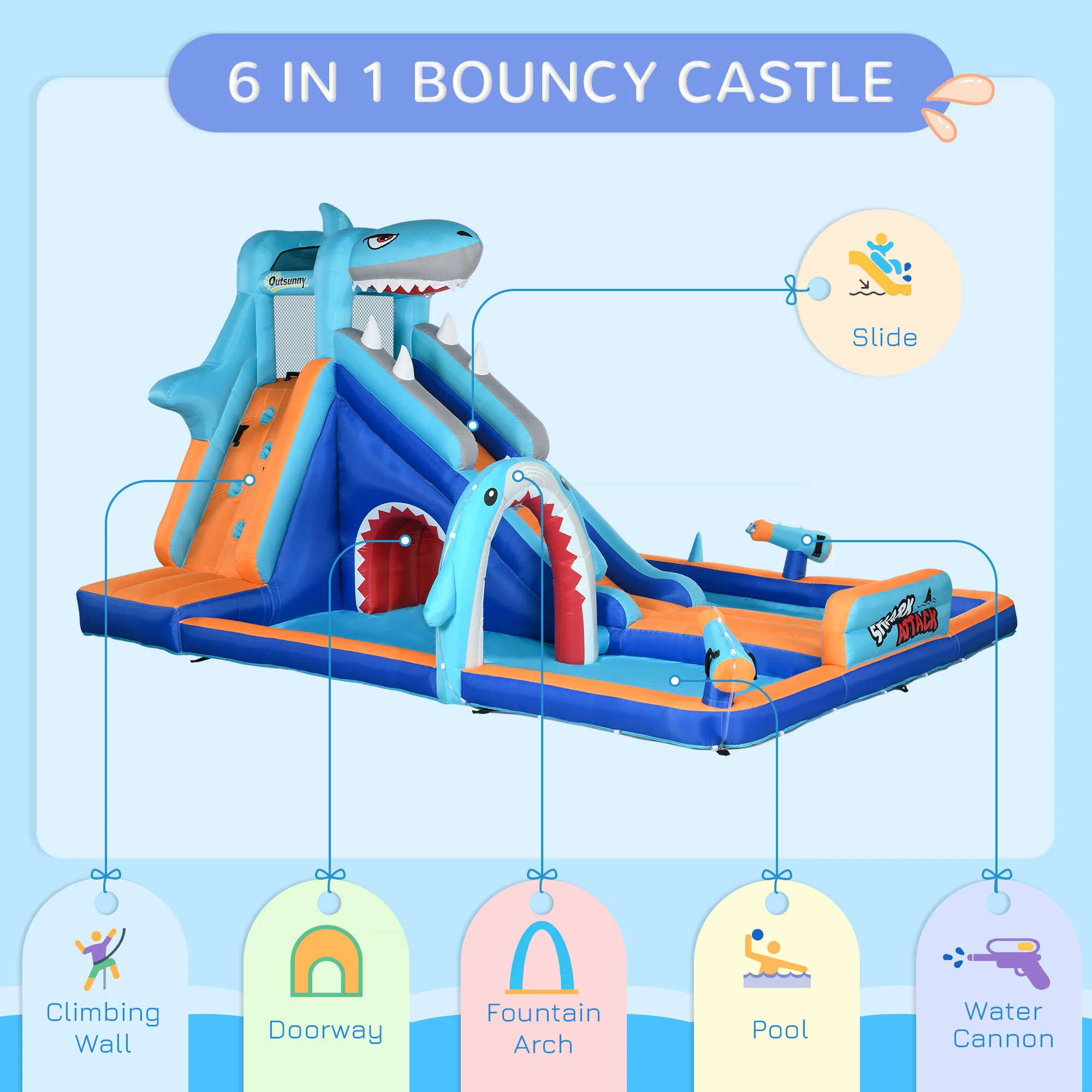 Outsunny 6 In 1 Kids Bouncy Castle W/ Slide, Pool, Trampoline, Blower - Image 3