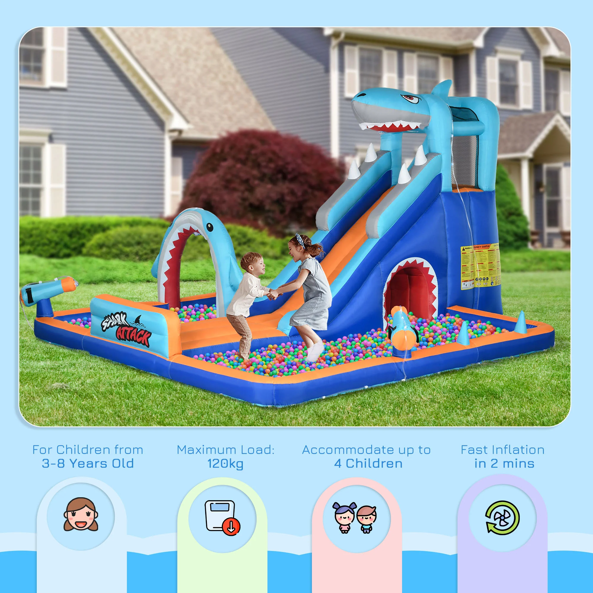Outsunny 6 In 1 Kids Bouncy Castle W/ Slide, Pool, Trampoline, Blower - Image 4
