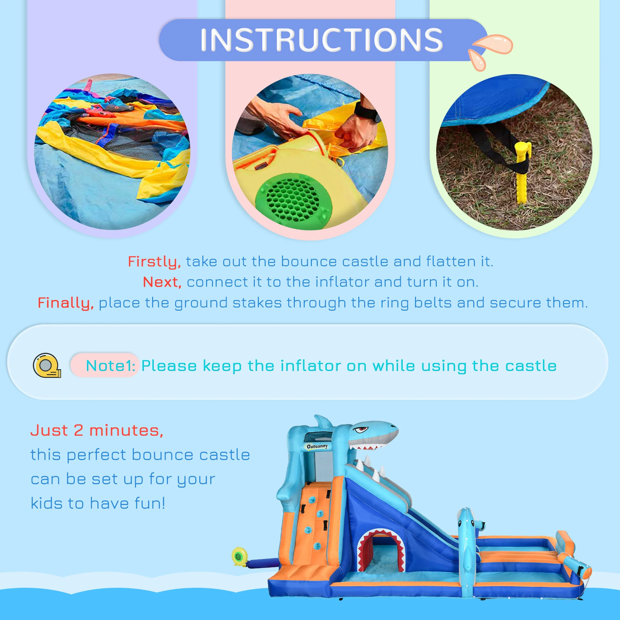 Outsunny 6 In 1 Kids Bouncy Castle W/ Slide, Pool, Trampoline, Blower - Image 7
