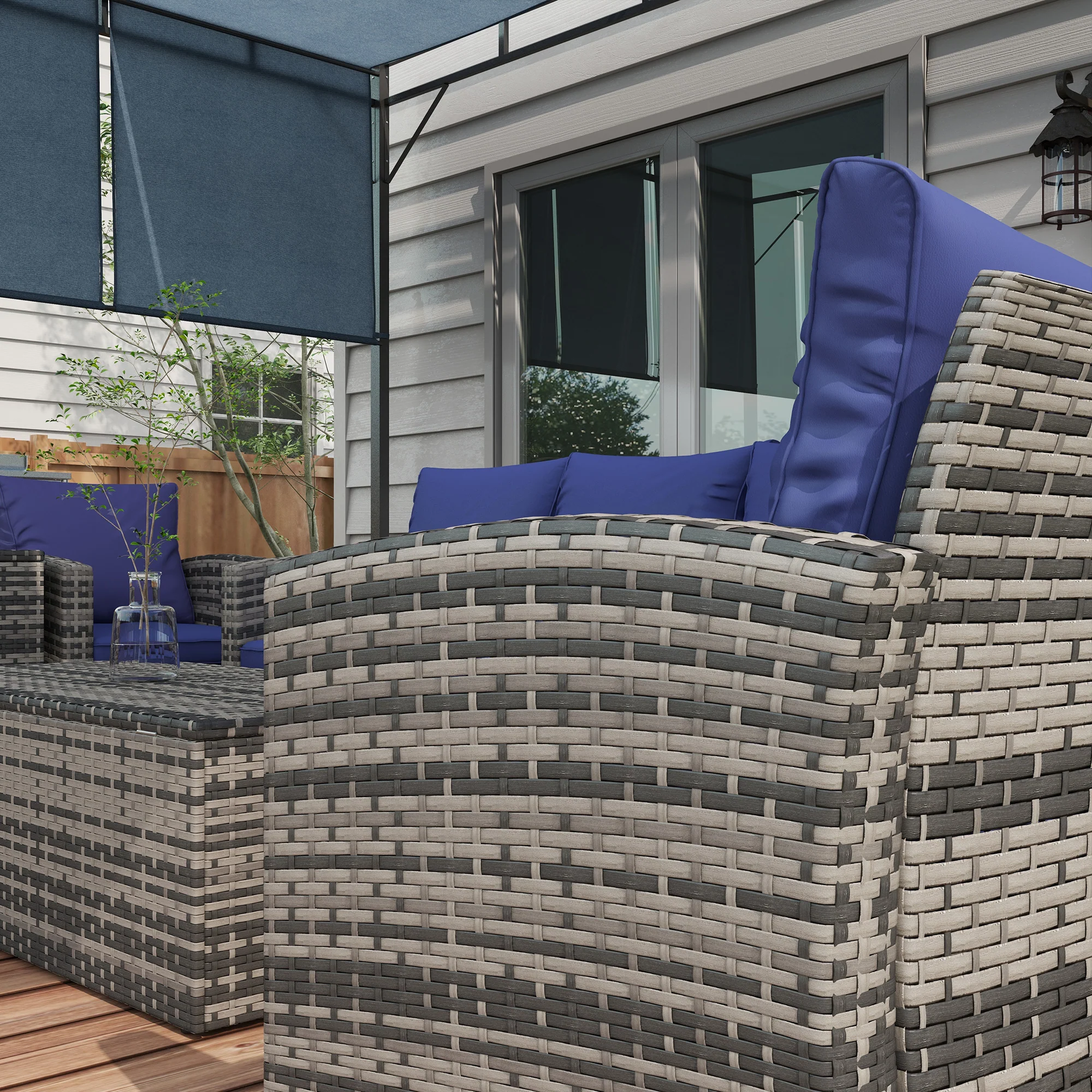 Outsunny 6 PCS Patio Rattan Sofa Set Conversation Furniture with Storage Blue - Image 8