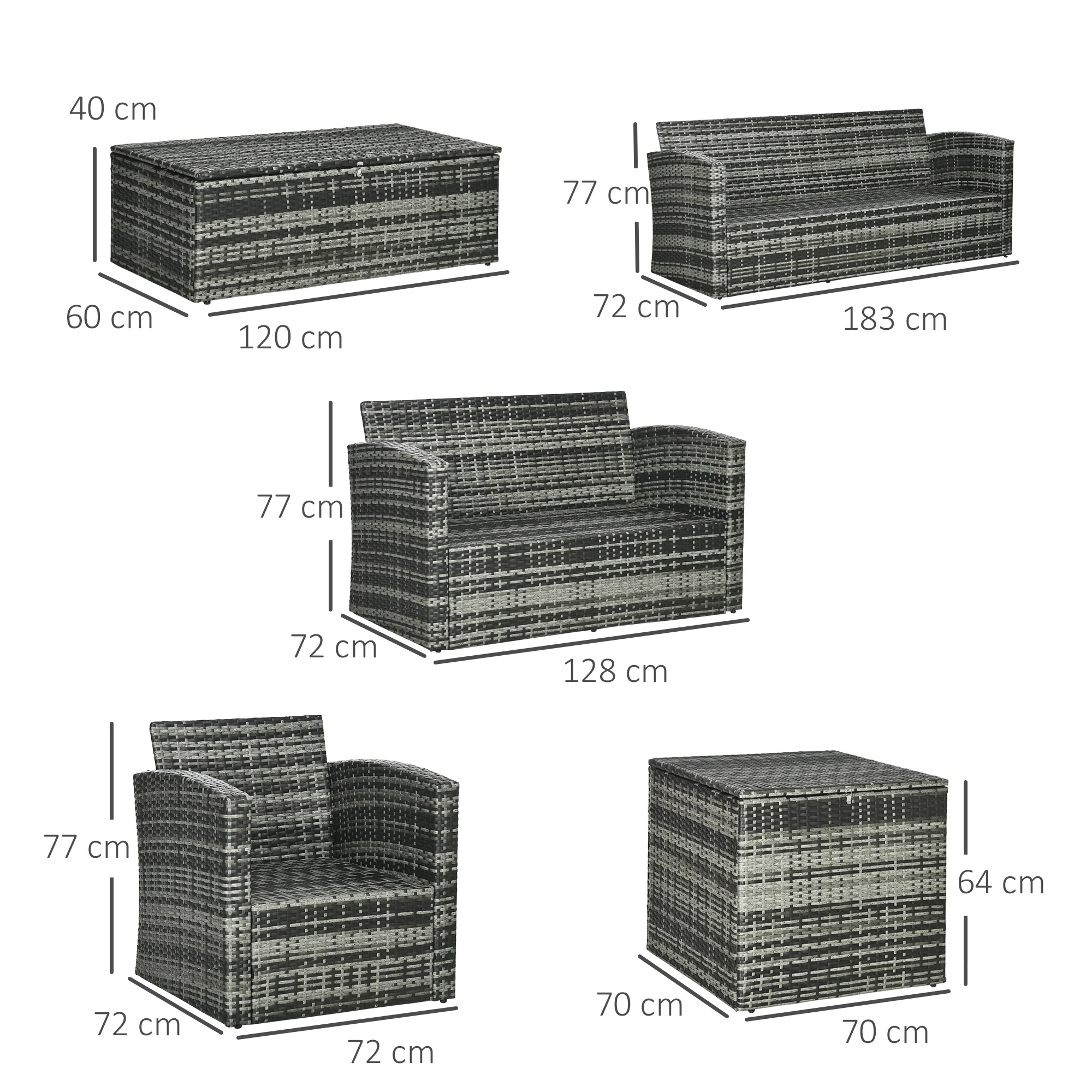 Outsunny 6 PCS Patio Rattan Sofa Set Conversation Furniture with Storage Grey - Image 5