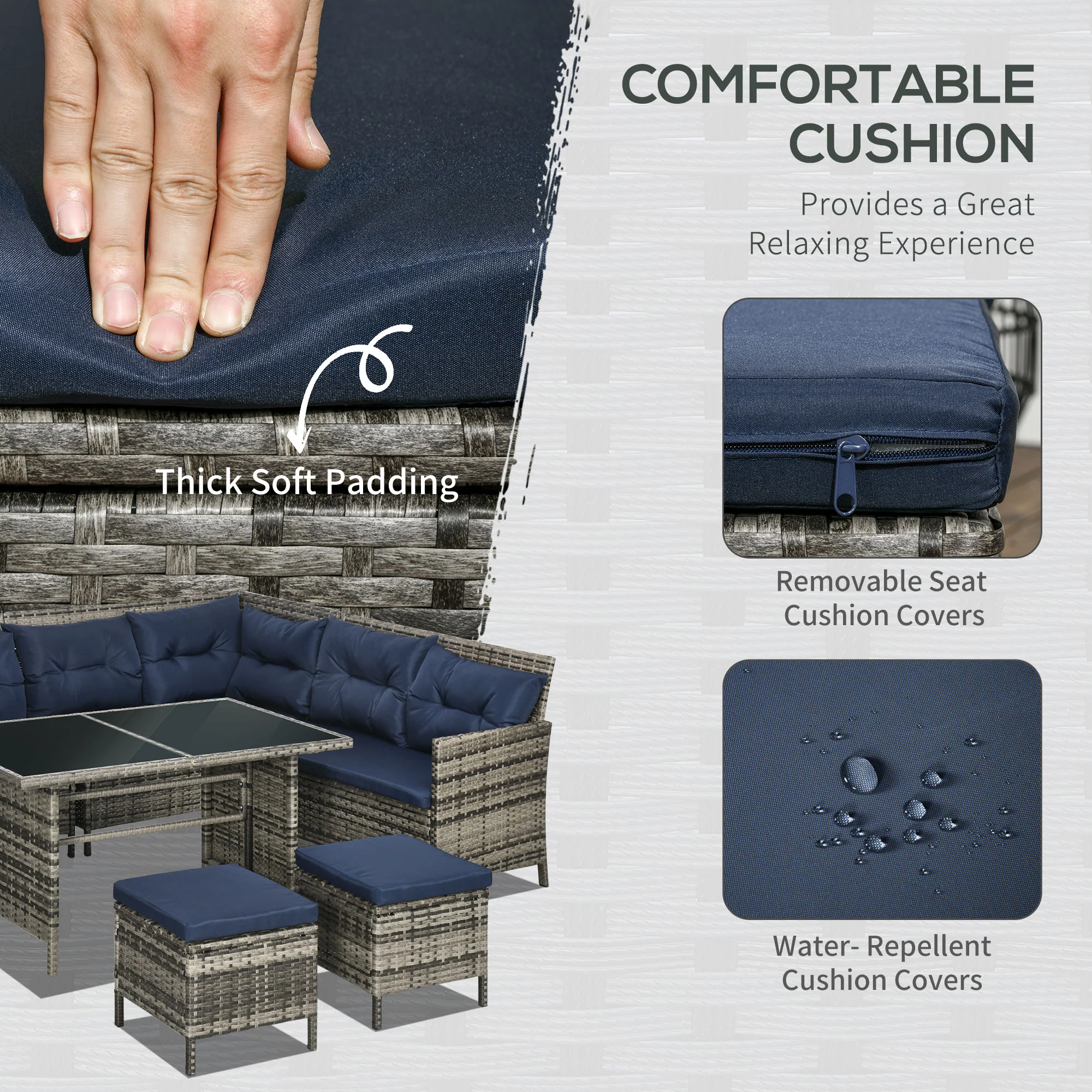 Outsunny 6 PCs Patio Wicker Sofa Set Rattan Chair Furniture, Dark Blue - Image 4