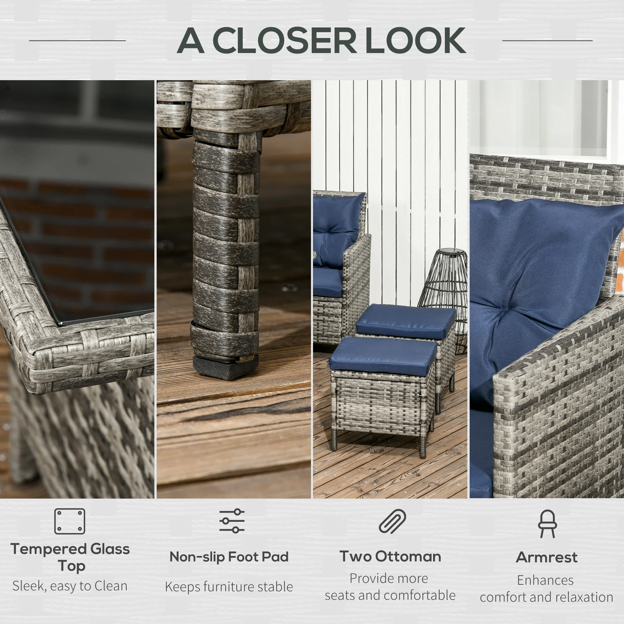 Outsunny 6 PCs Patio Wicker Sofa Set Rattan Chair Furniture, Dark Blue - Image 6