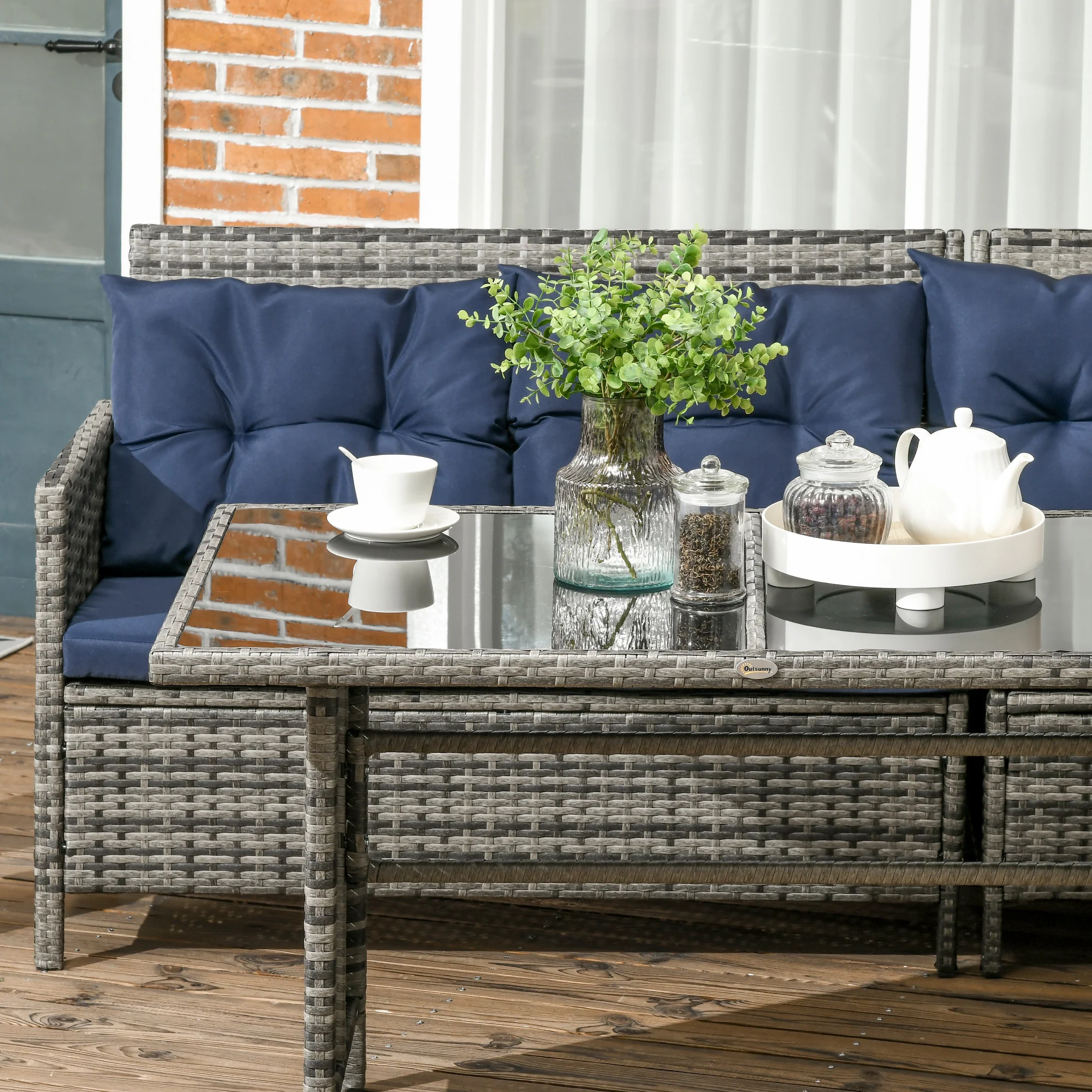 Outsunny 6 PCs Patio Wicker Sofa Set Rattan Chair Furniture, Dark Blue - Image 9