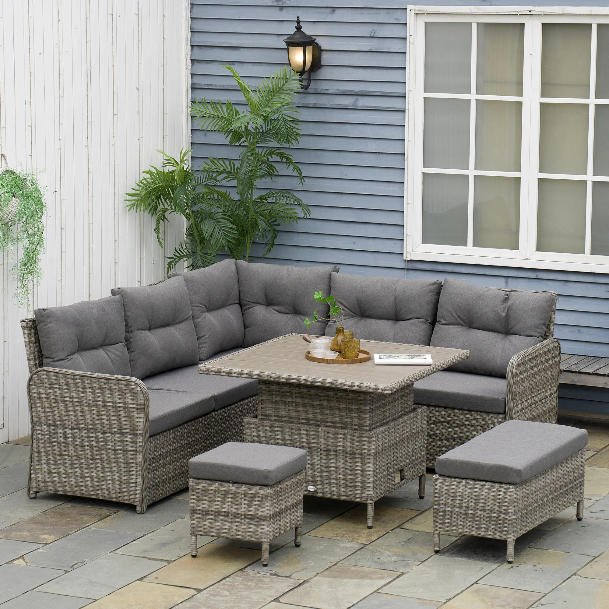 Outsunny 6 PCs Rattan Garden Furniture Sectional Conversation Corner Sofa - Image 2