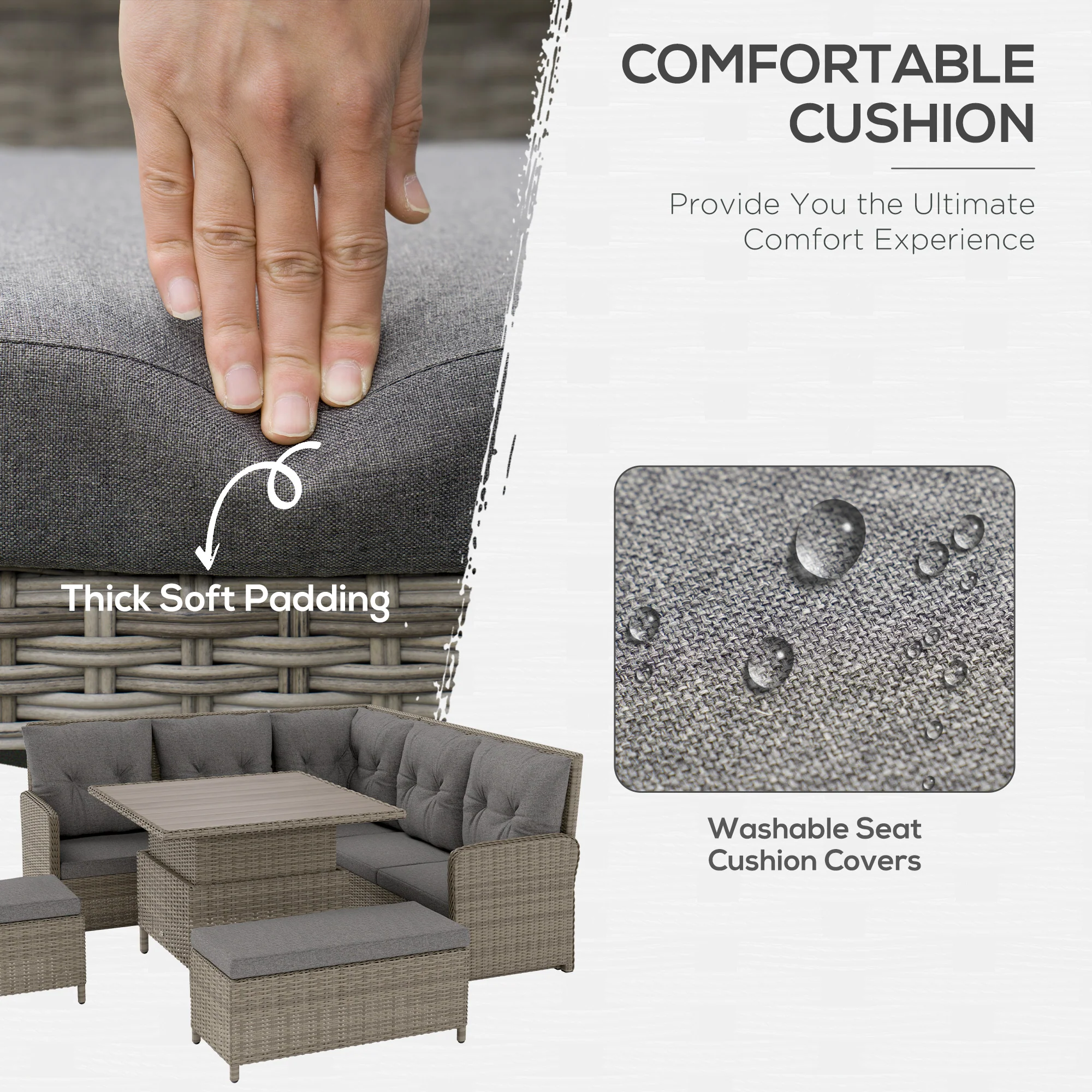 Outsunny 6 PCs Rattan Garden Furniture Sectional Corner Sofa, Light Grey - Image 3