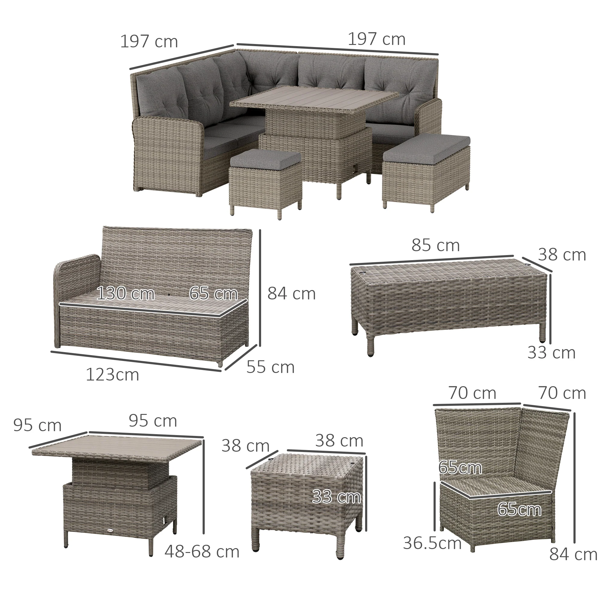 Outsunny 6 PCs Rattan Garden Furniture Sectional Corner Sofa, Light Grey - Image 5