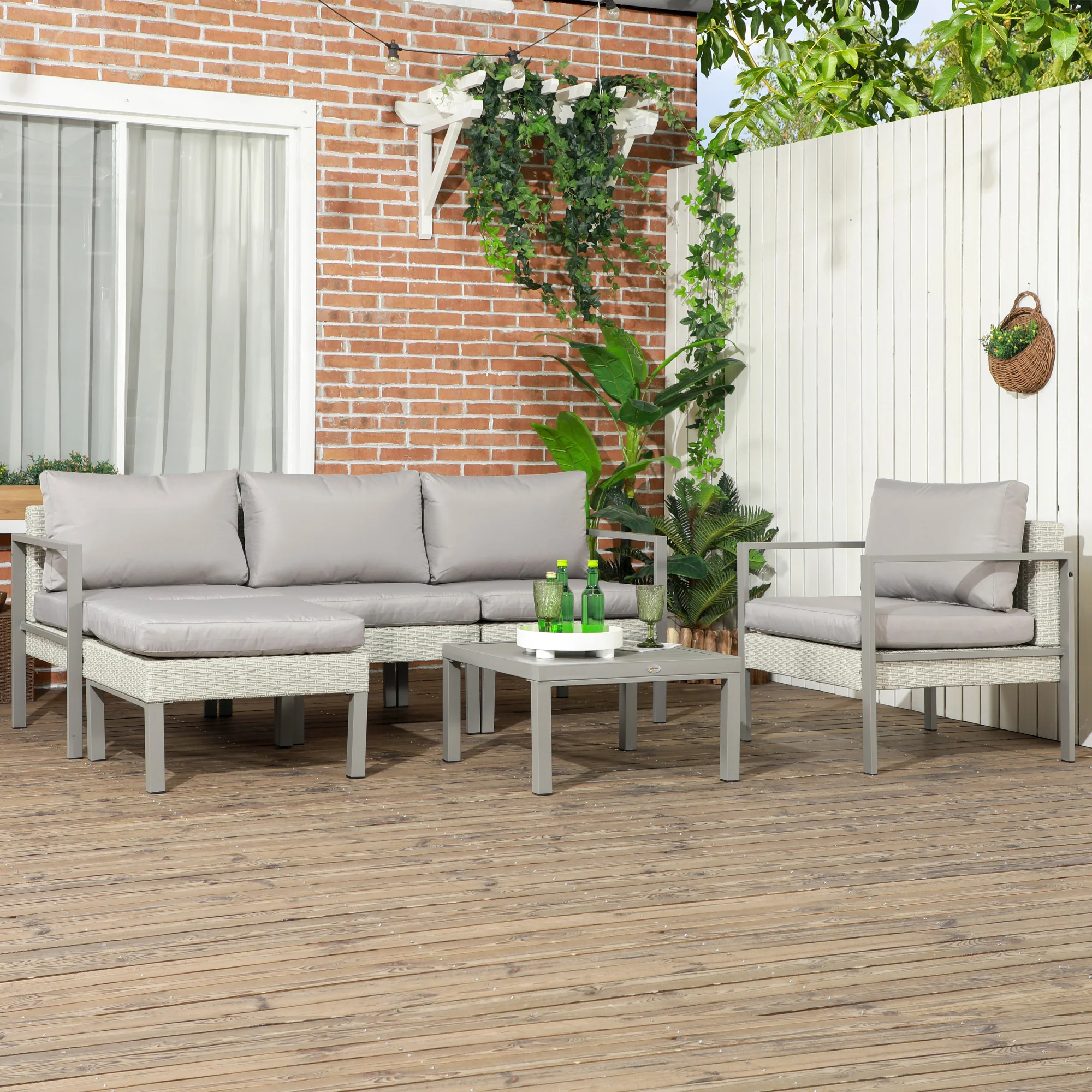 Outsunny 6 PCs Rattan Garden Furniture Set with Table, Cushion, Light Grey - Image 2