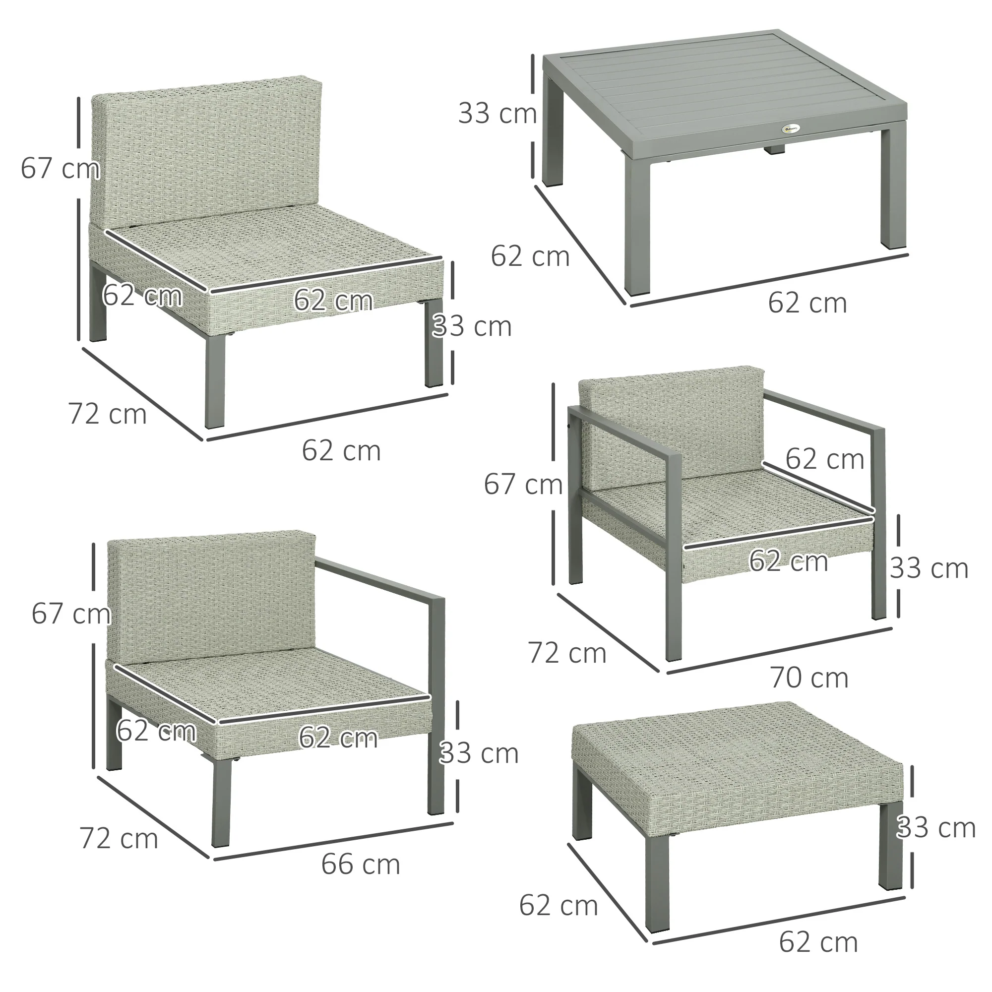 Outsunny 6 PCs Rattan Garden Furniture Set with Table, Cushion, Light Grey - Image 5