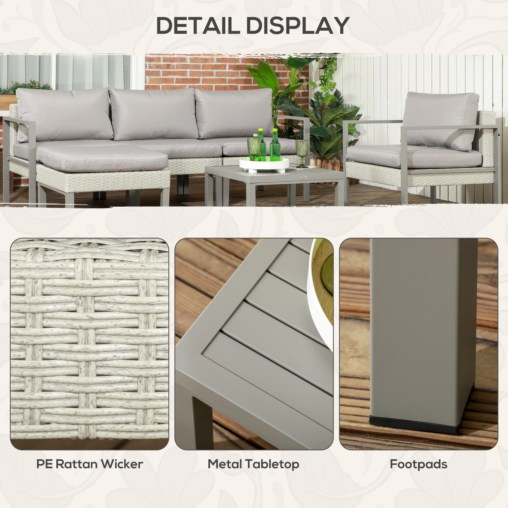 Outsunny 6 PCs Rattan Garden Furniture Set with Table, Cushion, Light Grey - Image 6