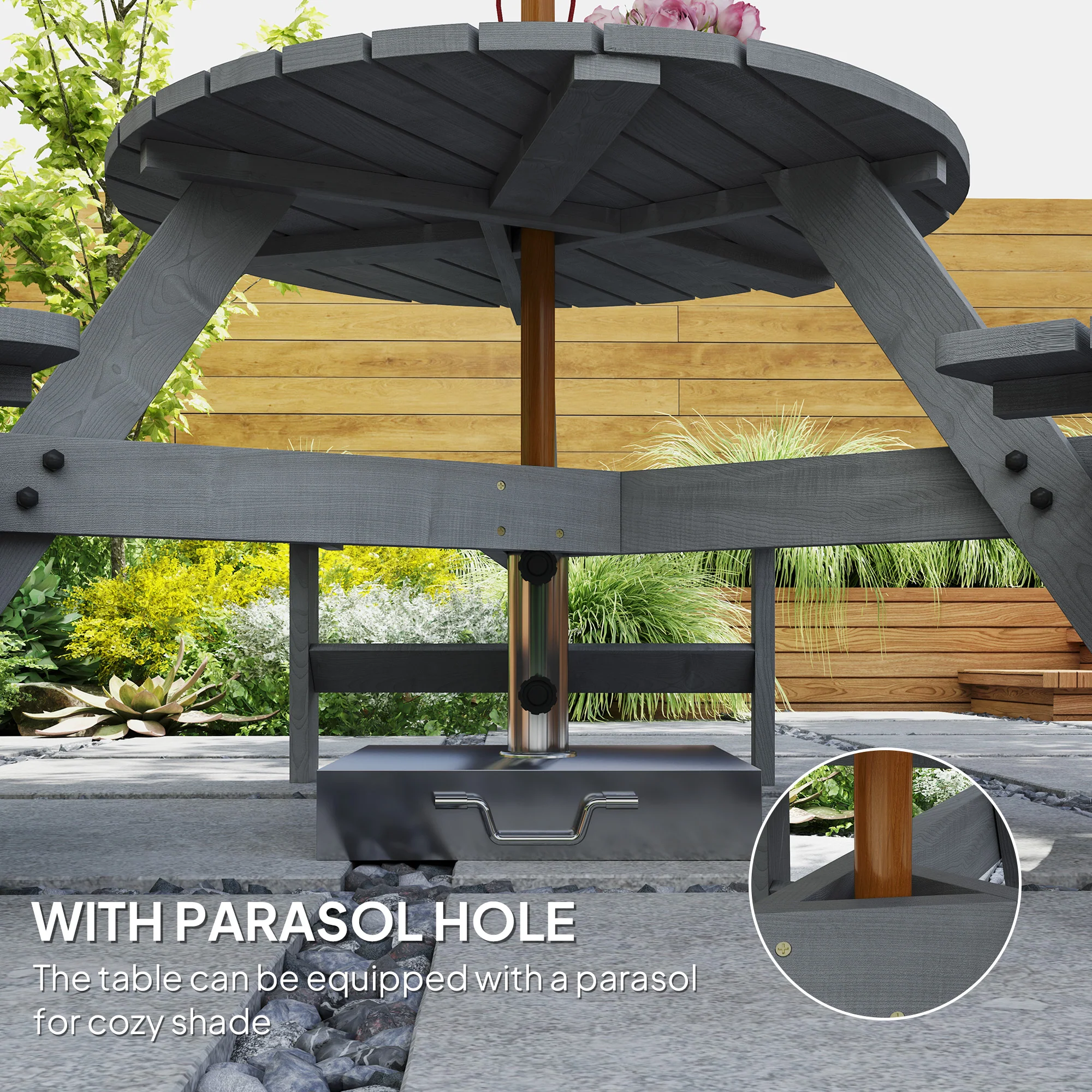 Outsunny 6 Person Fir Wood Table Bench Set Outdoor Garden Patio, Grey - Image 3